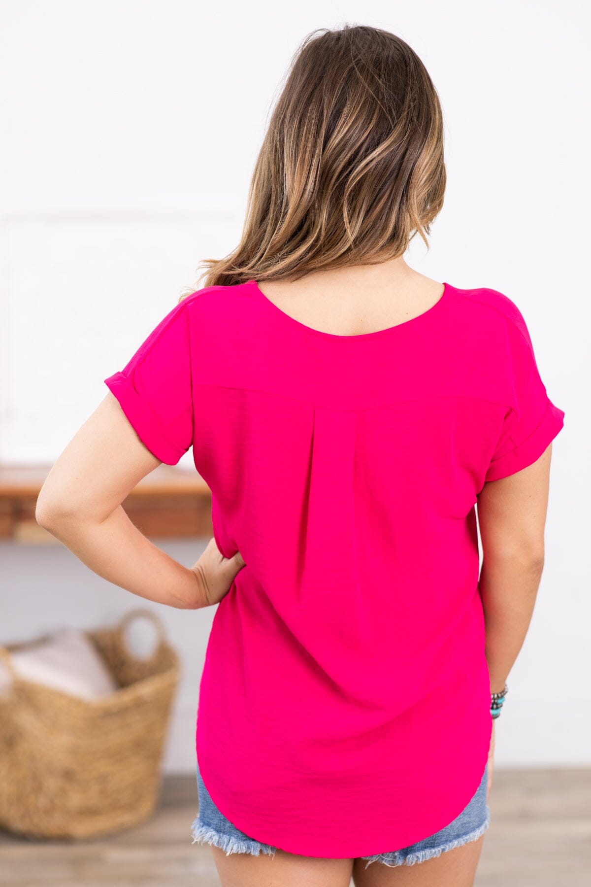 Hot Pink Short Sleeve V-Neck Top - Filly Flair