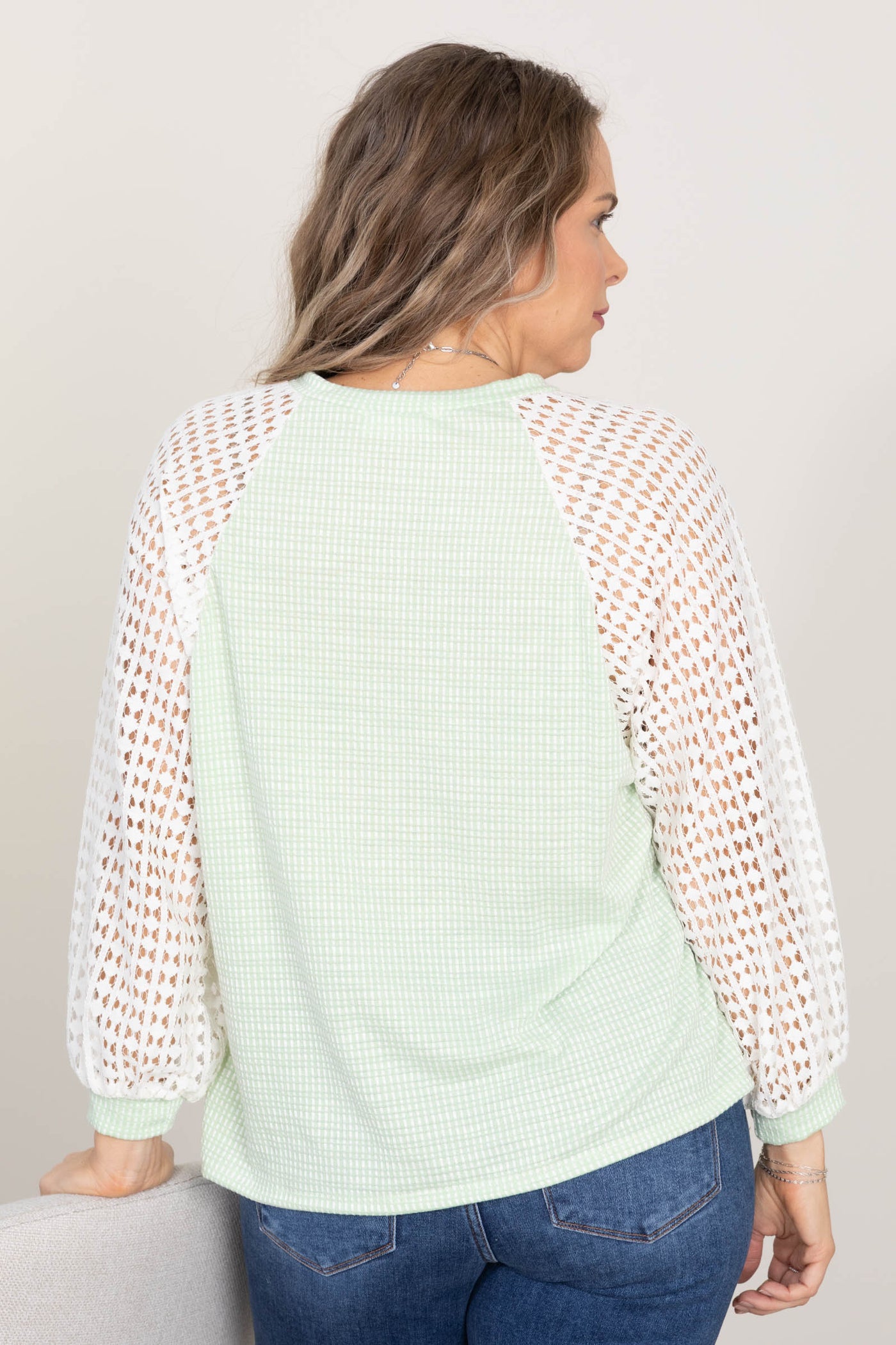 Two Tone Knit Top With Eyelet Lace Sleeve