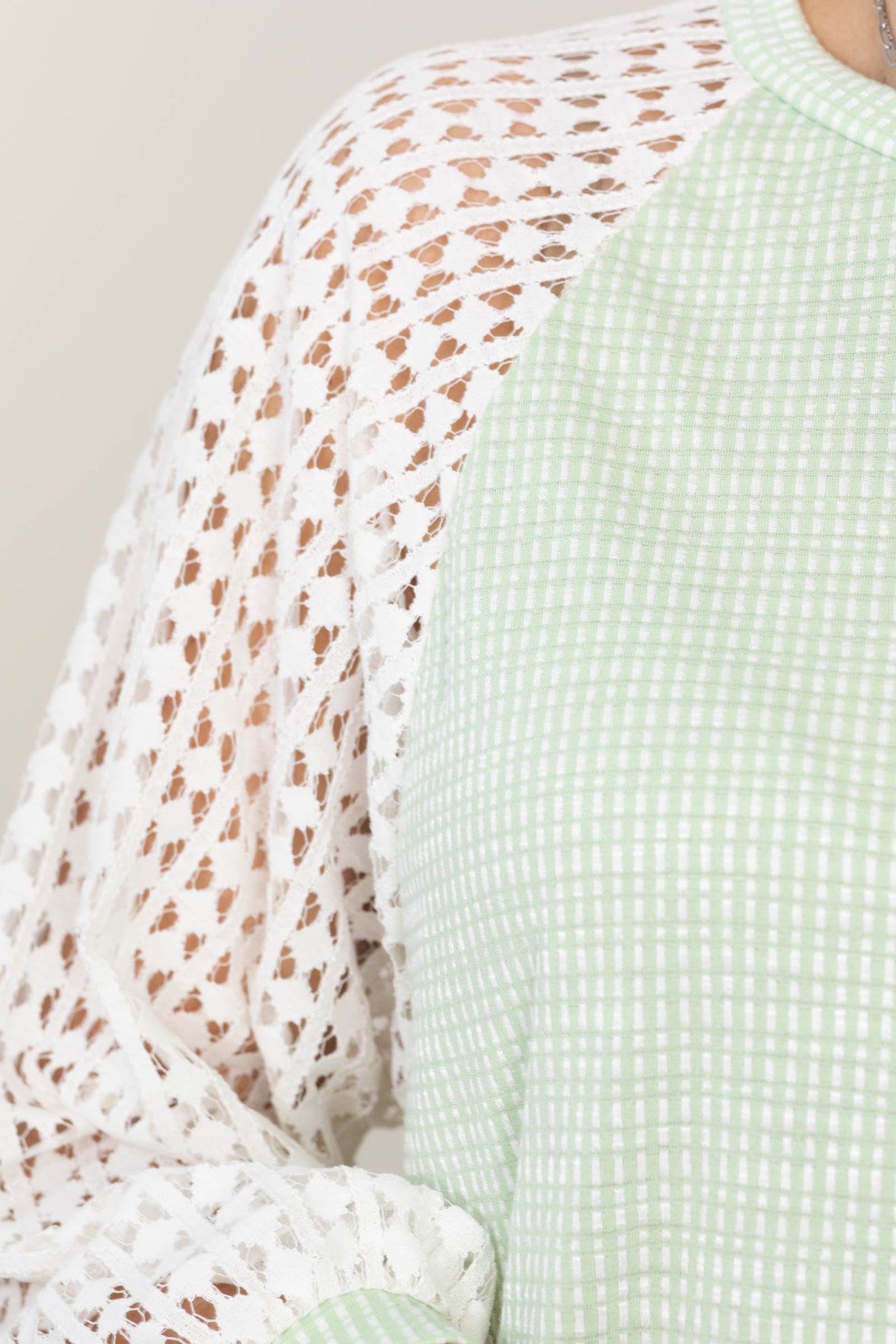 Two Tone Knit Top With Eyelet Lace Sleeve