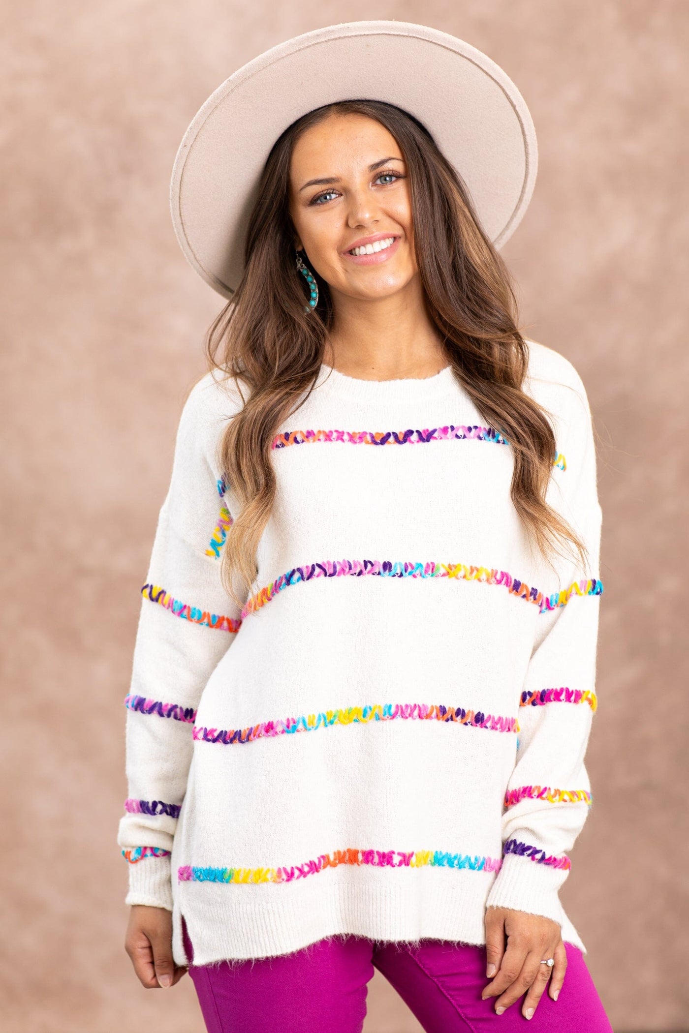 Ivory Sweater With Multicolor Stitch Detail - Filly Flair