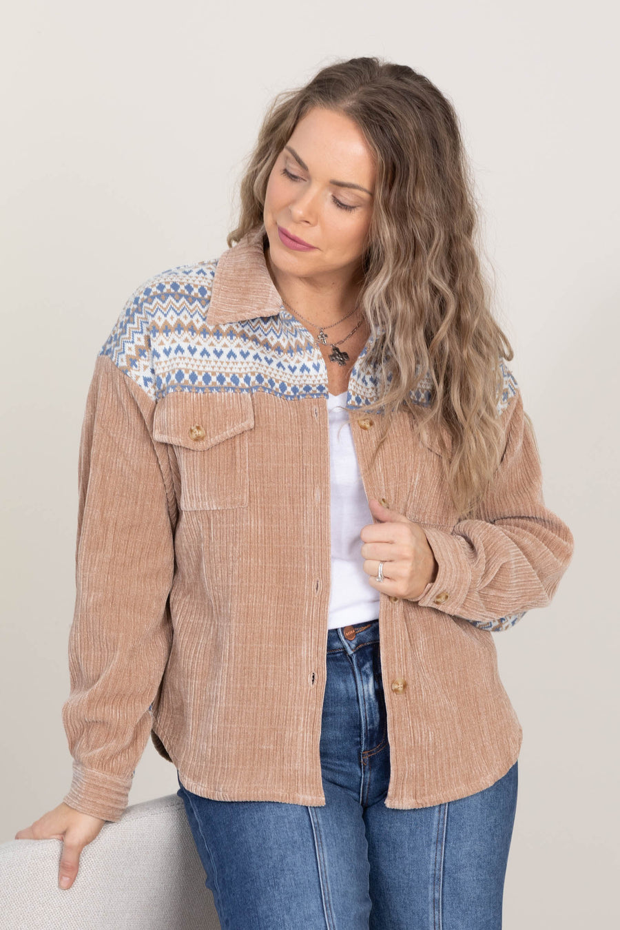 Tan Contrast Print Corduroy Shacket