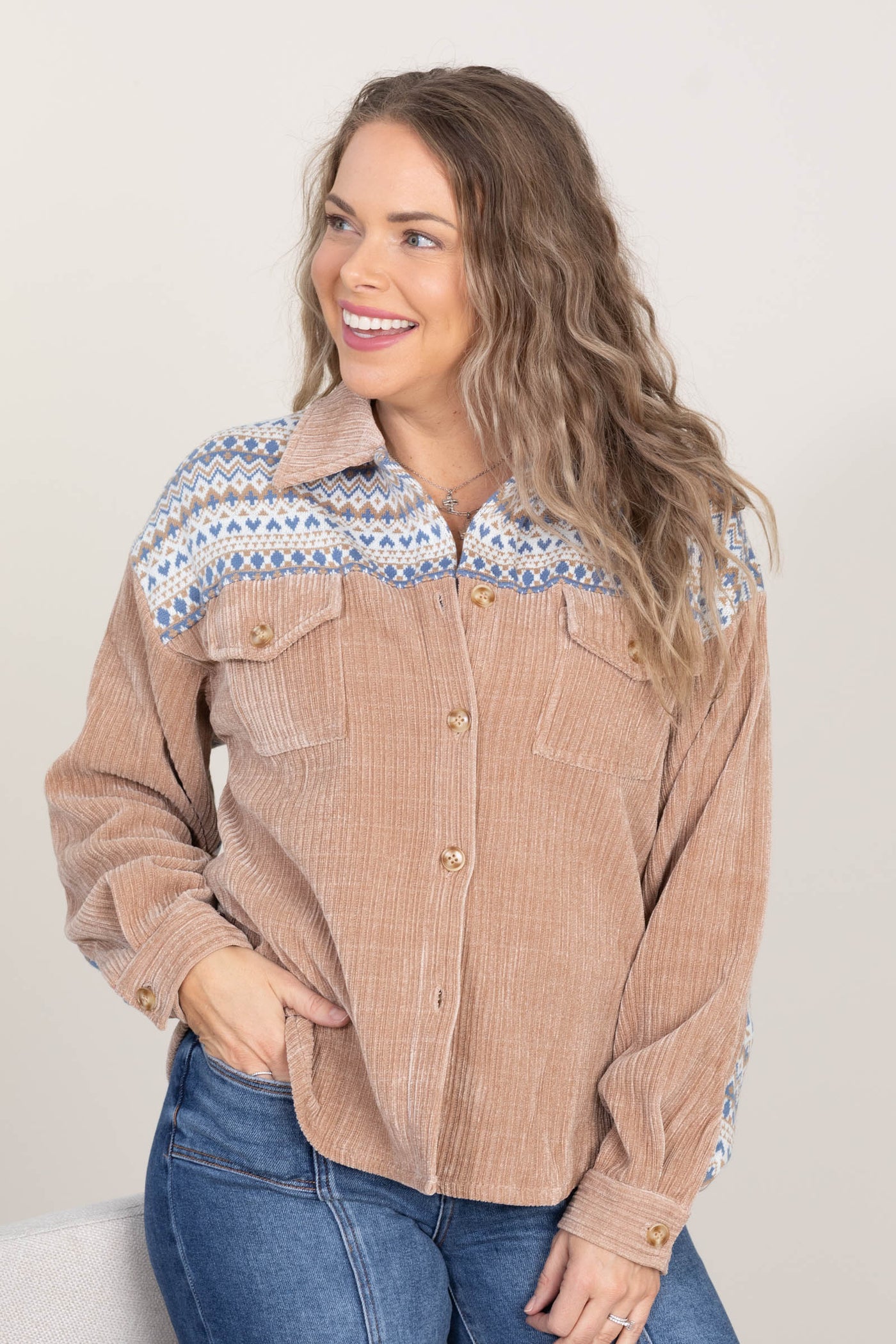 Tan Contrast Print Corduroy Shacket