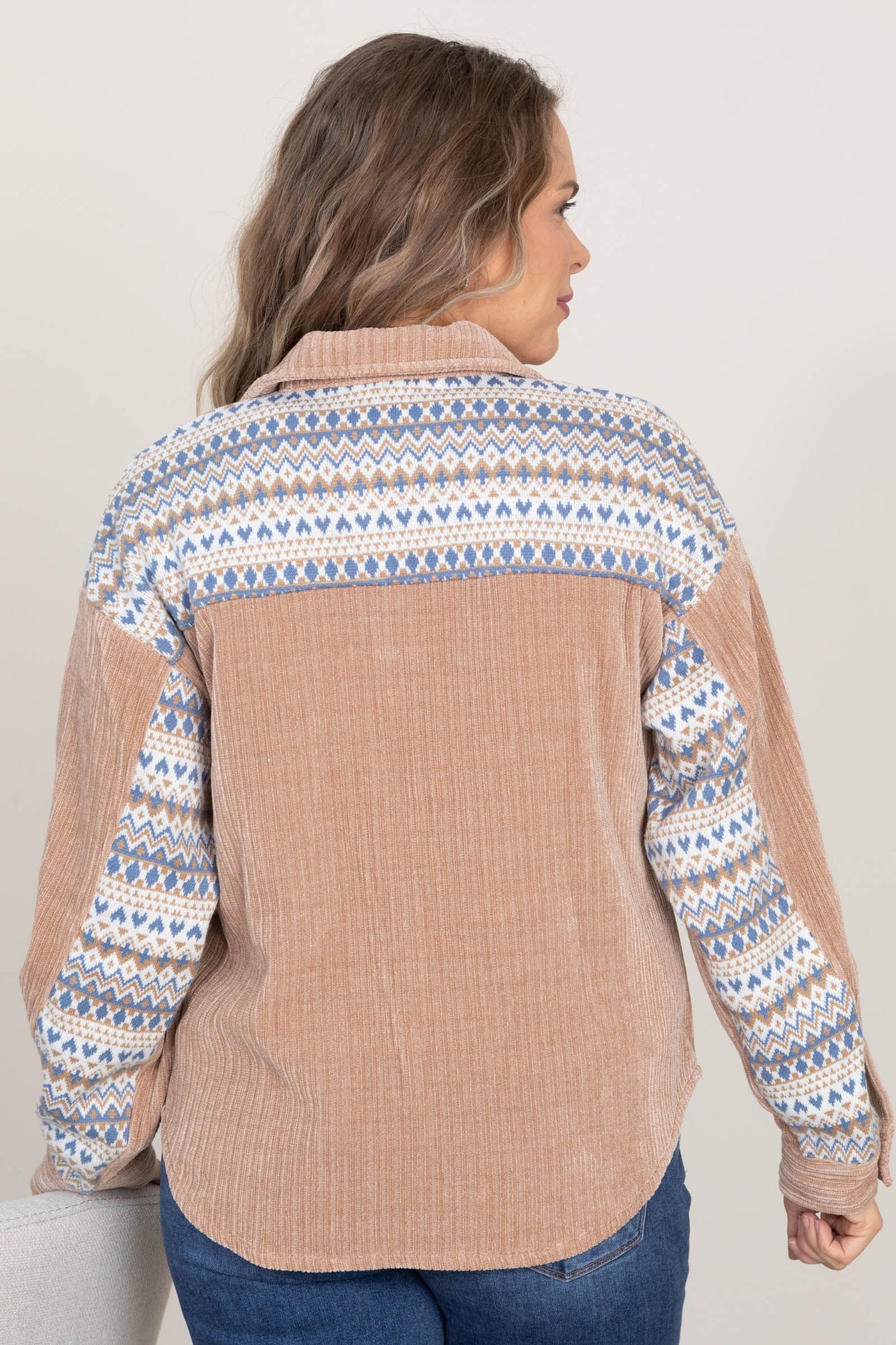 Tan Contrast Print Corduroy Shacket