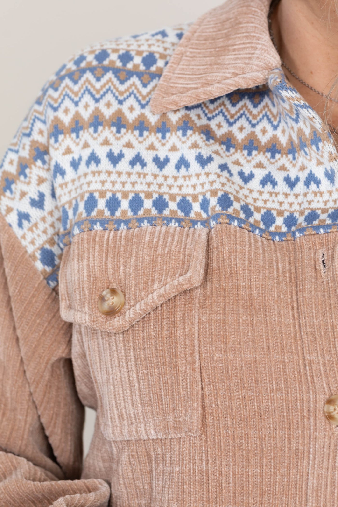 Tan Contrast Print Corduroy Shacket
