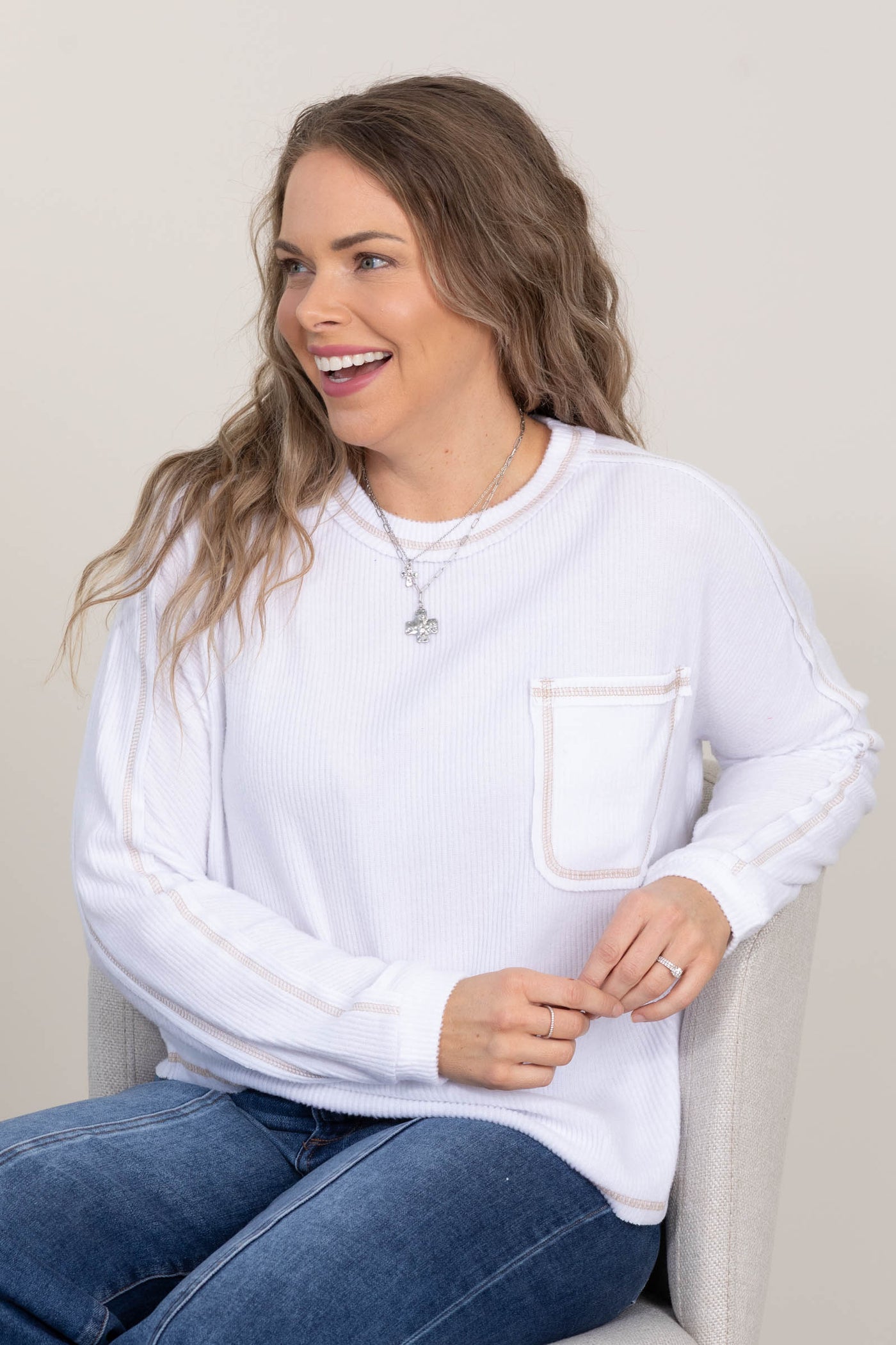 Brushed Ribbed Hacci Round Neck Knit Tops