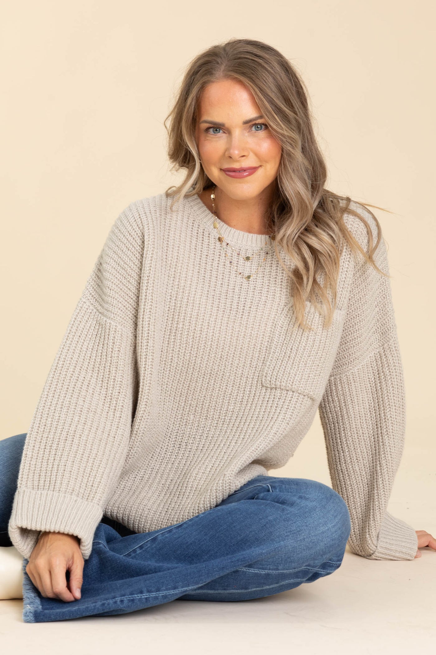 Beige Oversized Casual Ribbed Sweater