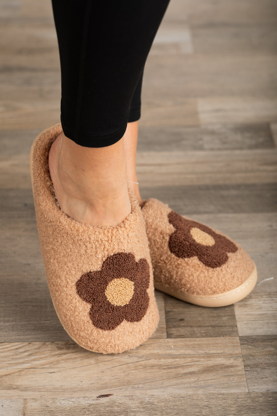 Camel With Brown Flower Soft Fuzzy Slipper