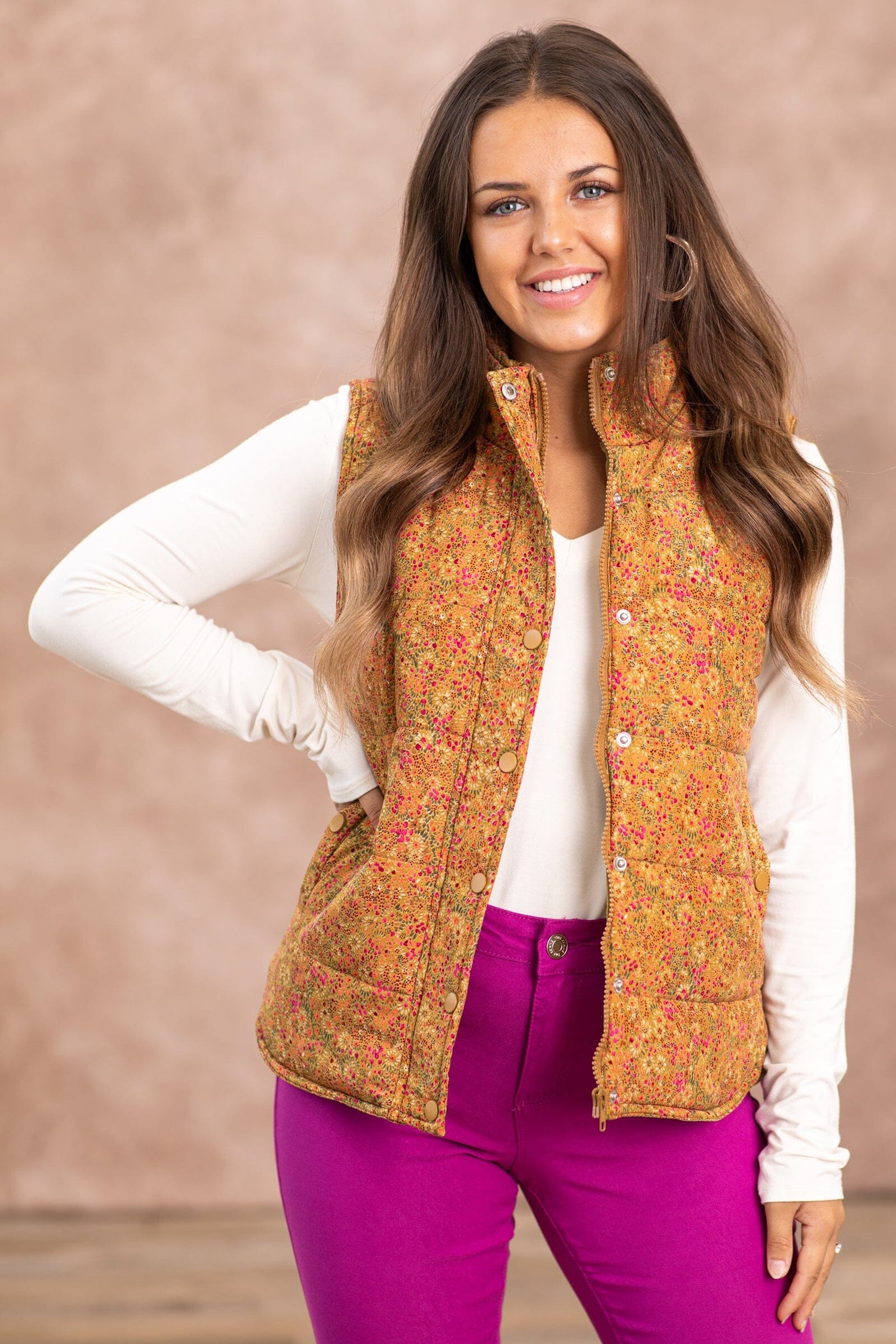 Camel Ditsy Floral Channel Quilted Vest - Filly Flair