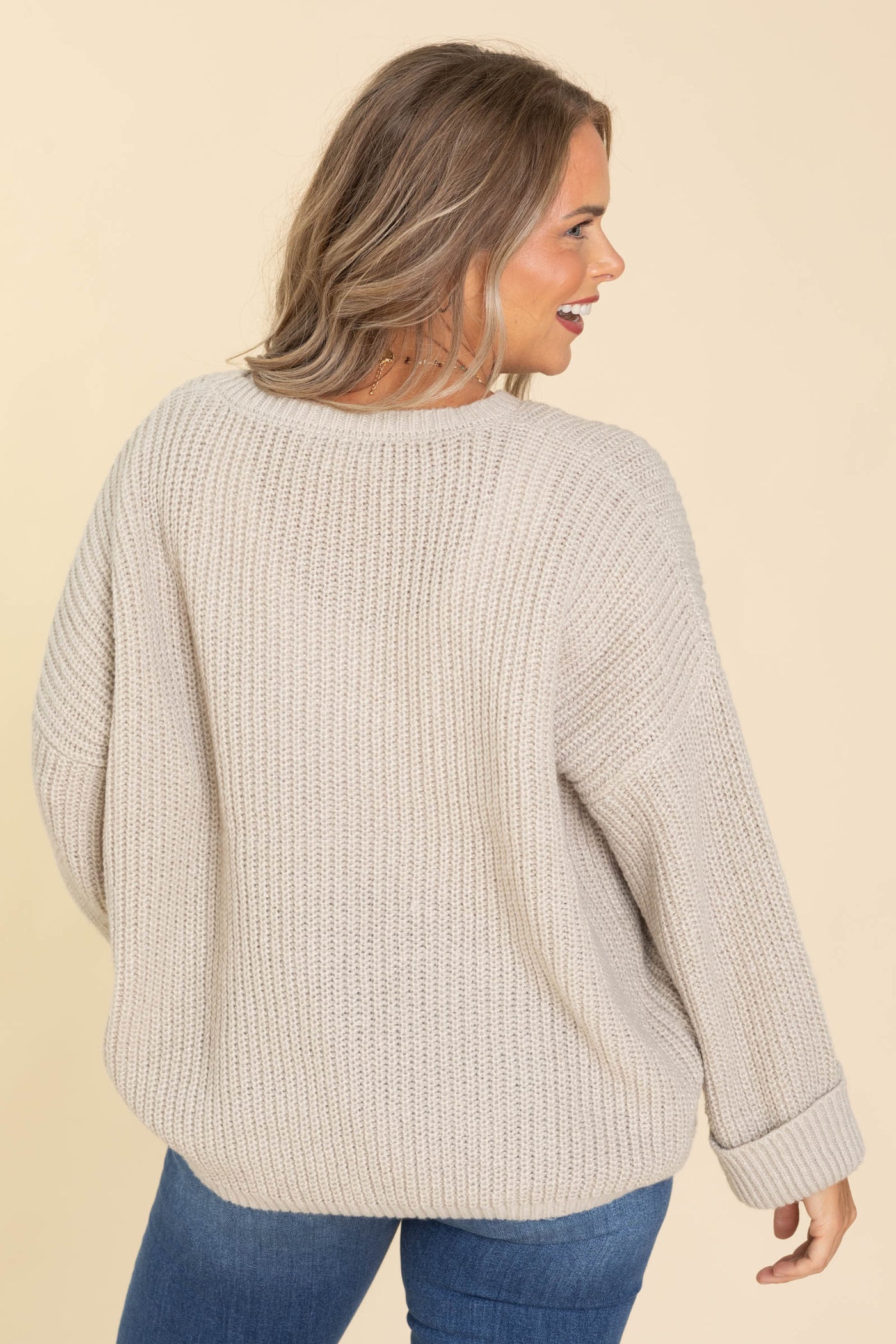 Beige Oversized Casual Ribbed Sweater