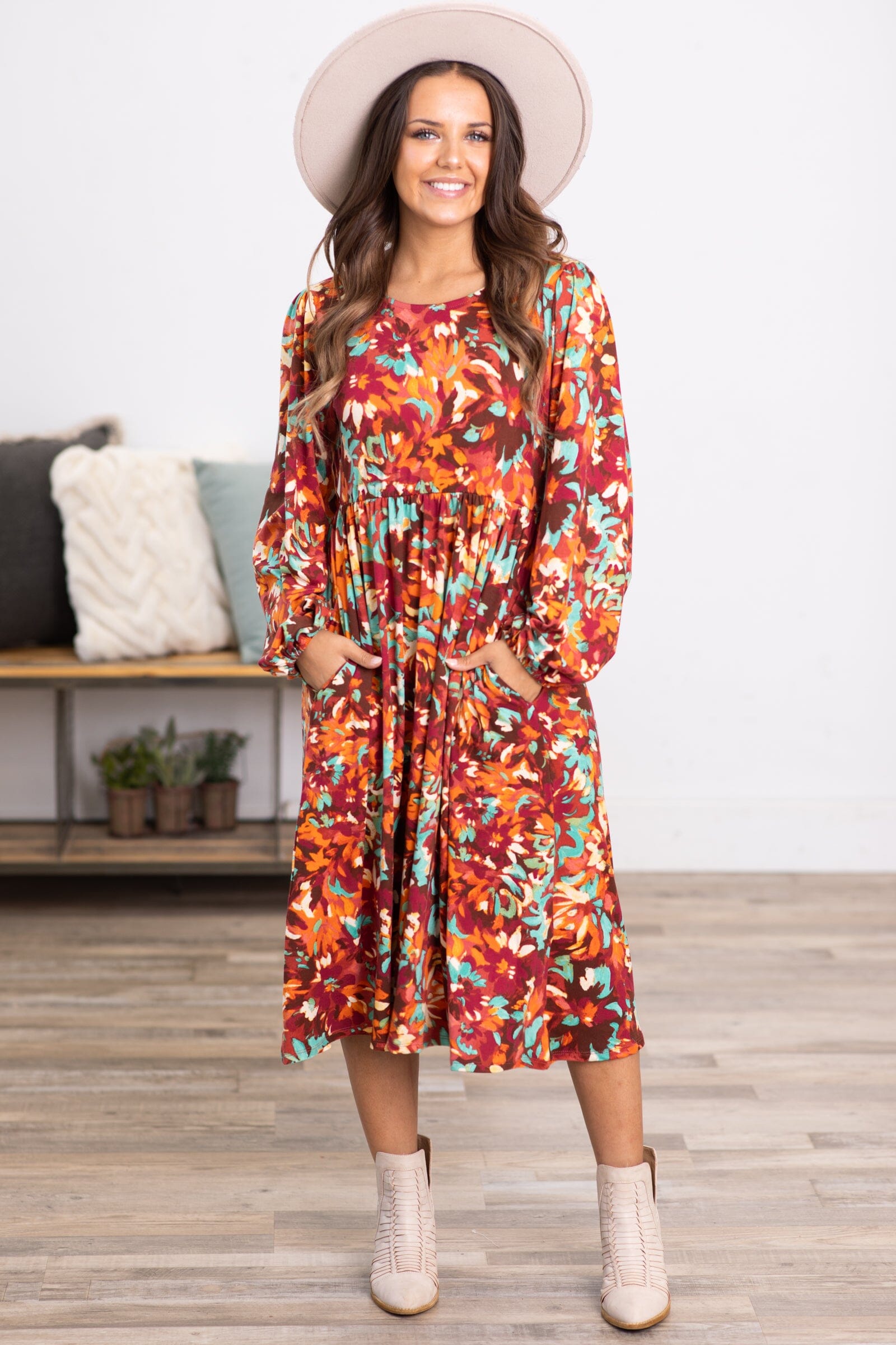 Wine and Turquoise Floral Print Midi Dress - Filly Flair