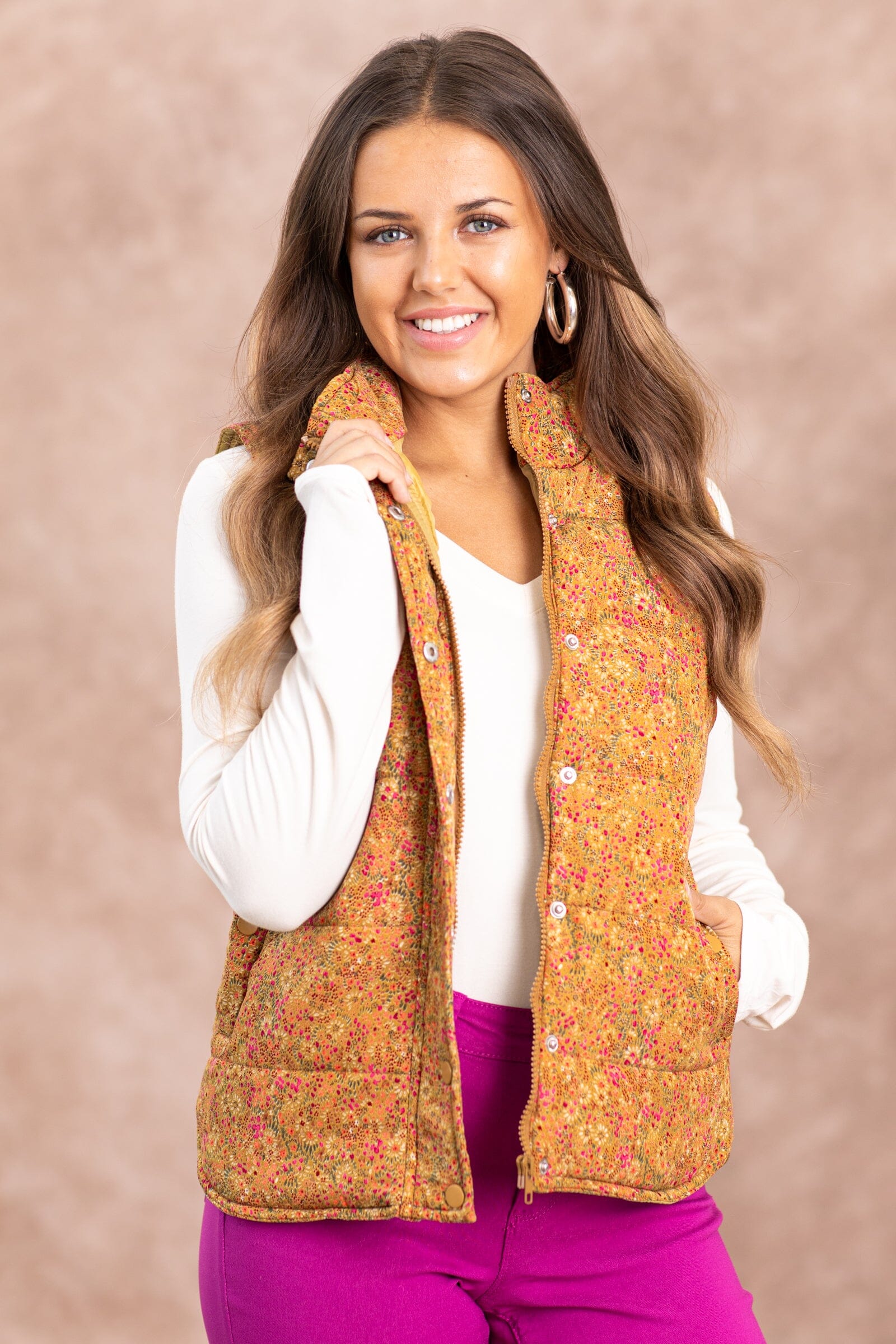 Camel Ditsy Floral Channel Quilted Vest - Filly Flair