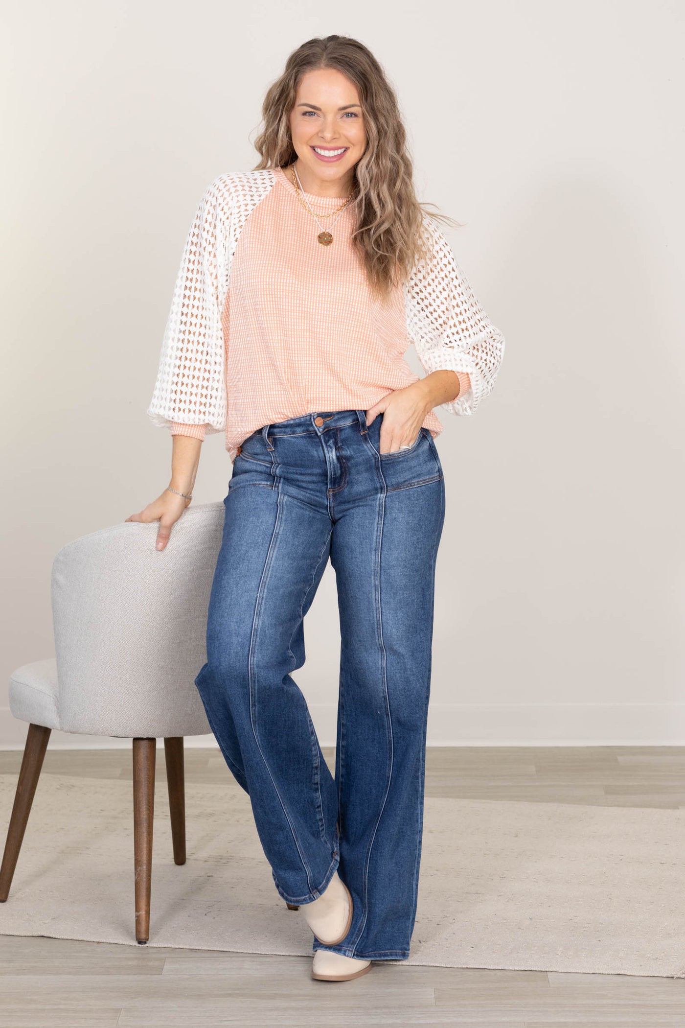 Two Tone Knit Top With Eyelet Lace Sleeve