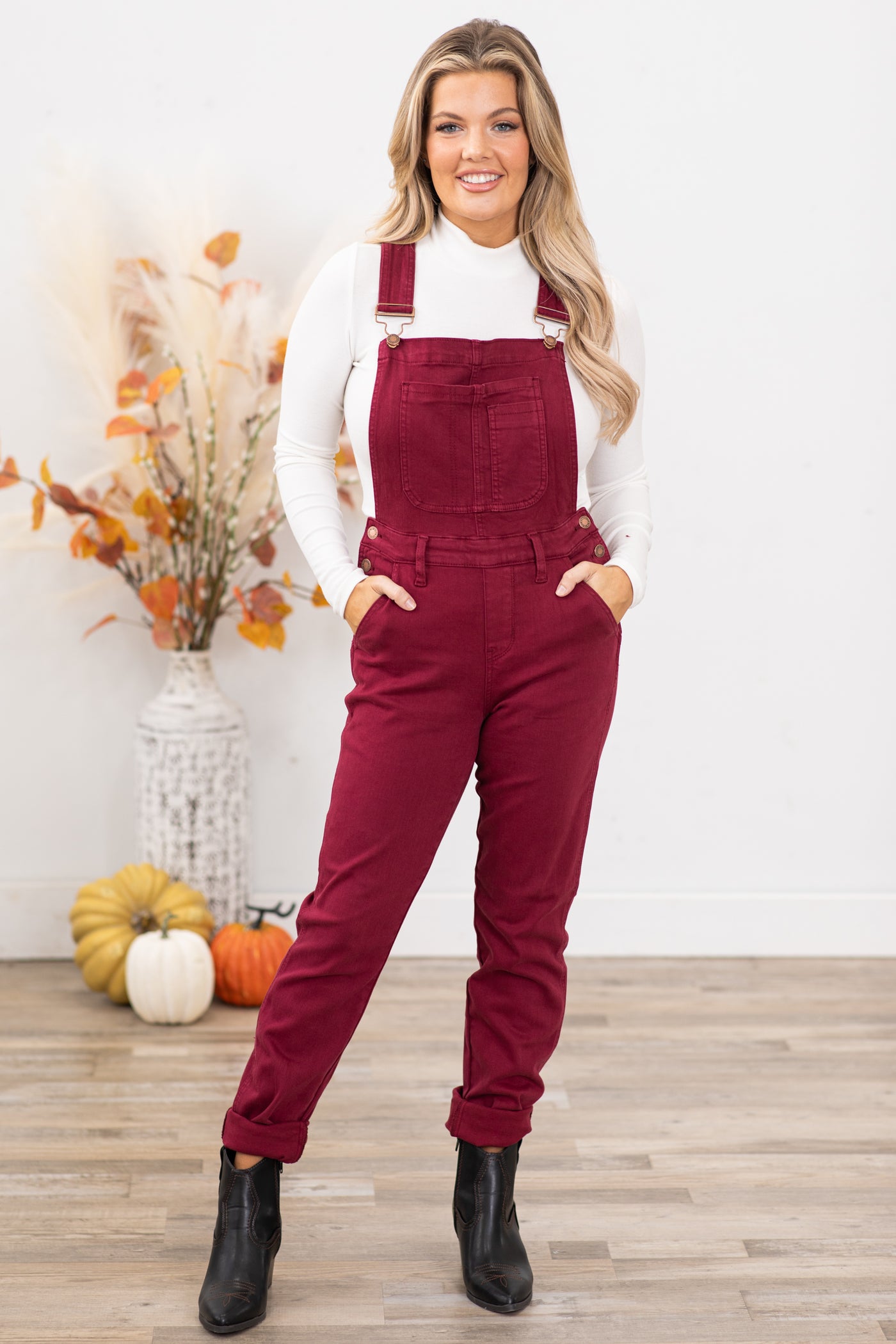 Judy Blue Burgundy Garment Dyed Overalls · Filly Flair