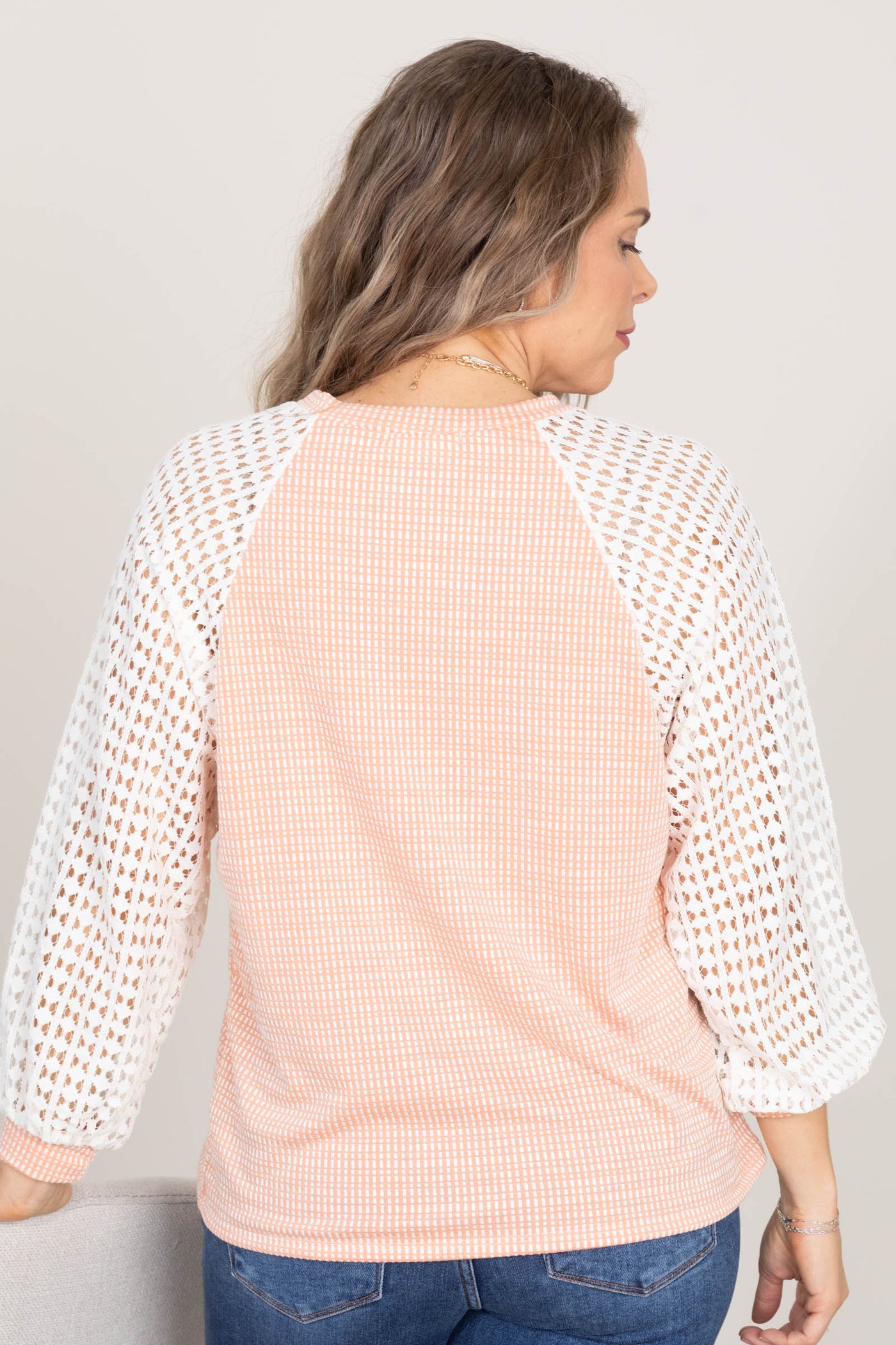 Two Tone Knit Top With Eyelet Lace Sleeve