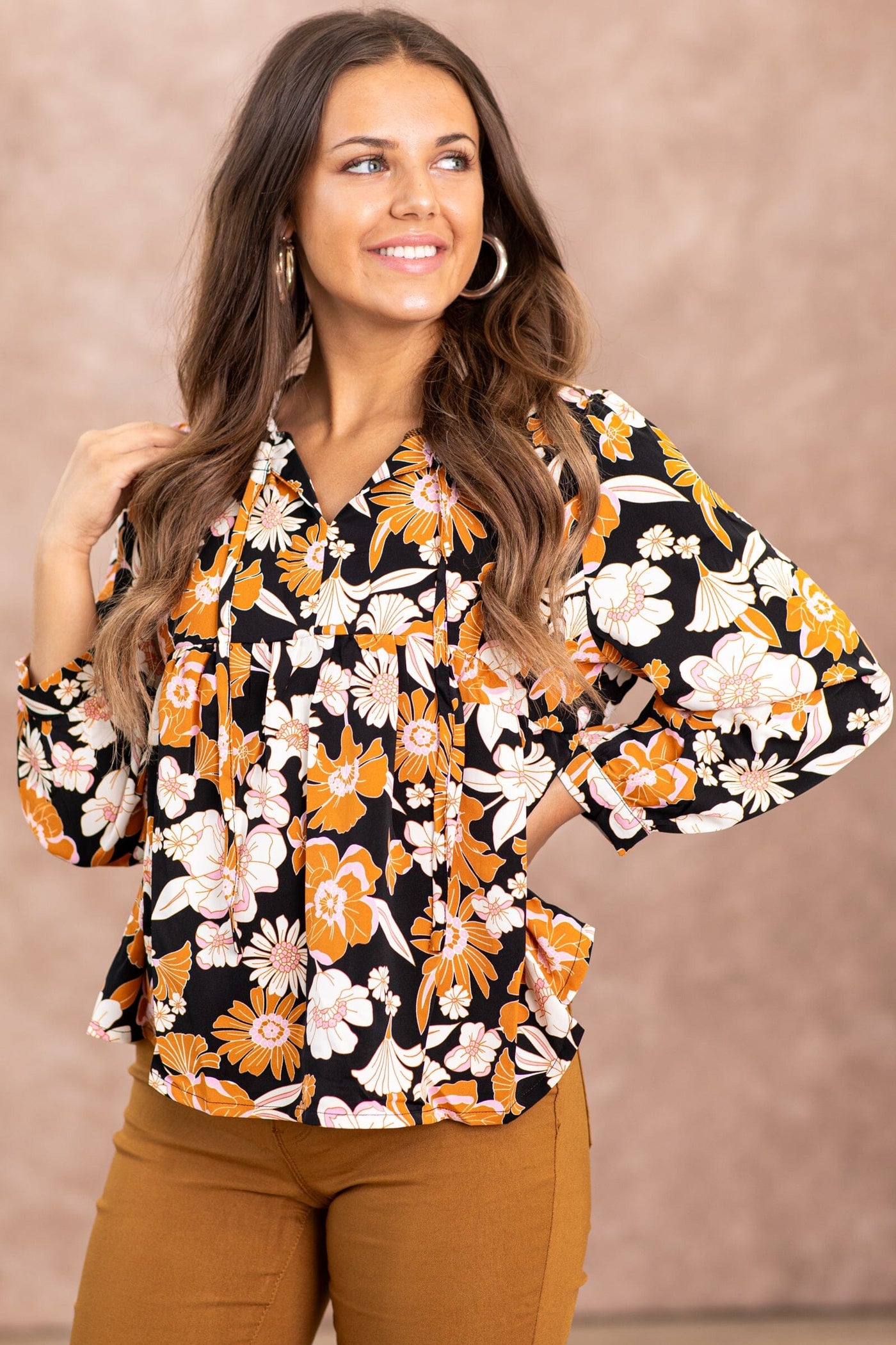Black and Cinnamon Floral Babydoll Top - Filly Flair