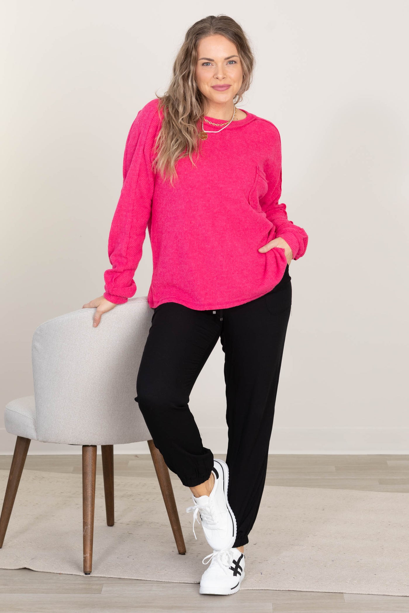 Brushed Ribbed Hacci Round Neck Knit Tops