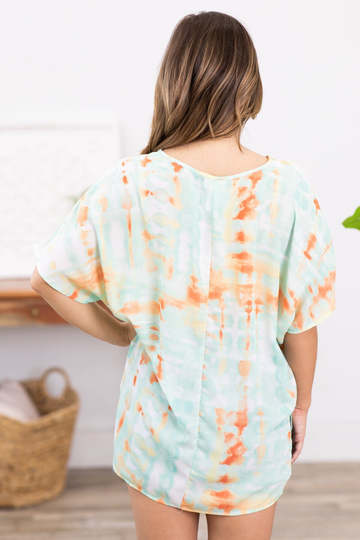 Mint and Coral Tie Dye V-Neck Top With Pockets - Filly Flair