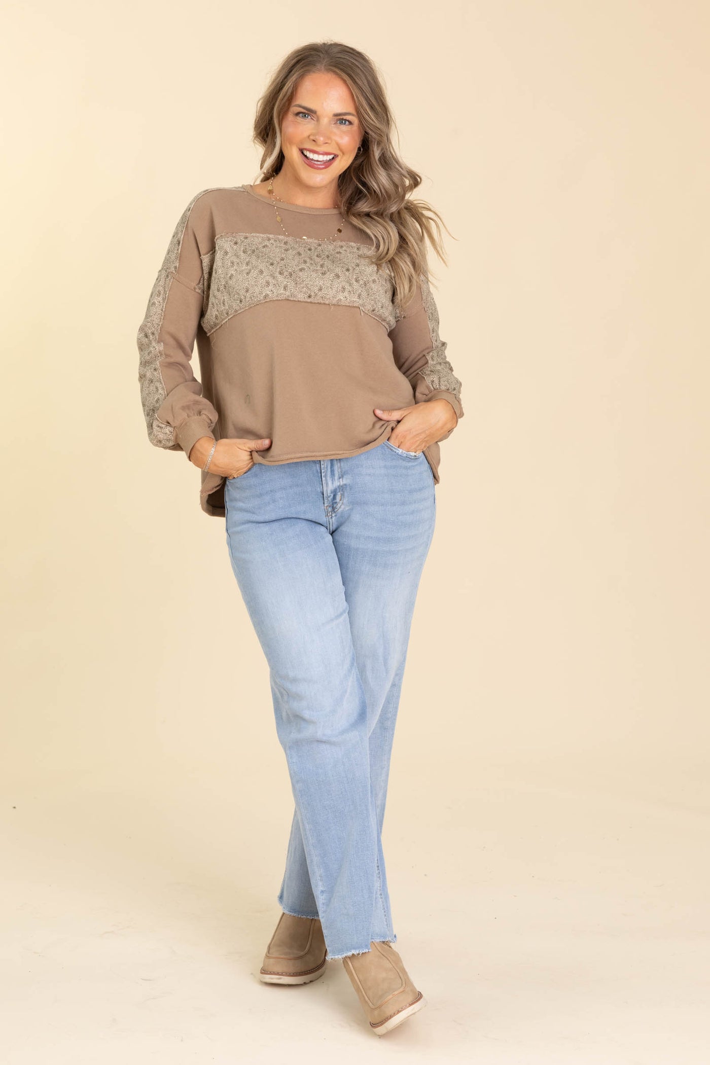 Taupe Ditsy Contrast Stripe Knit Top