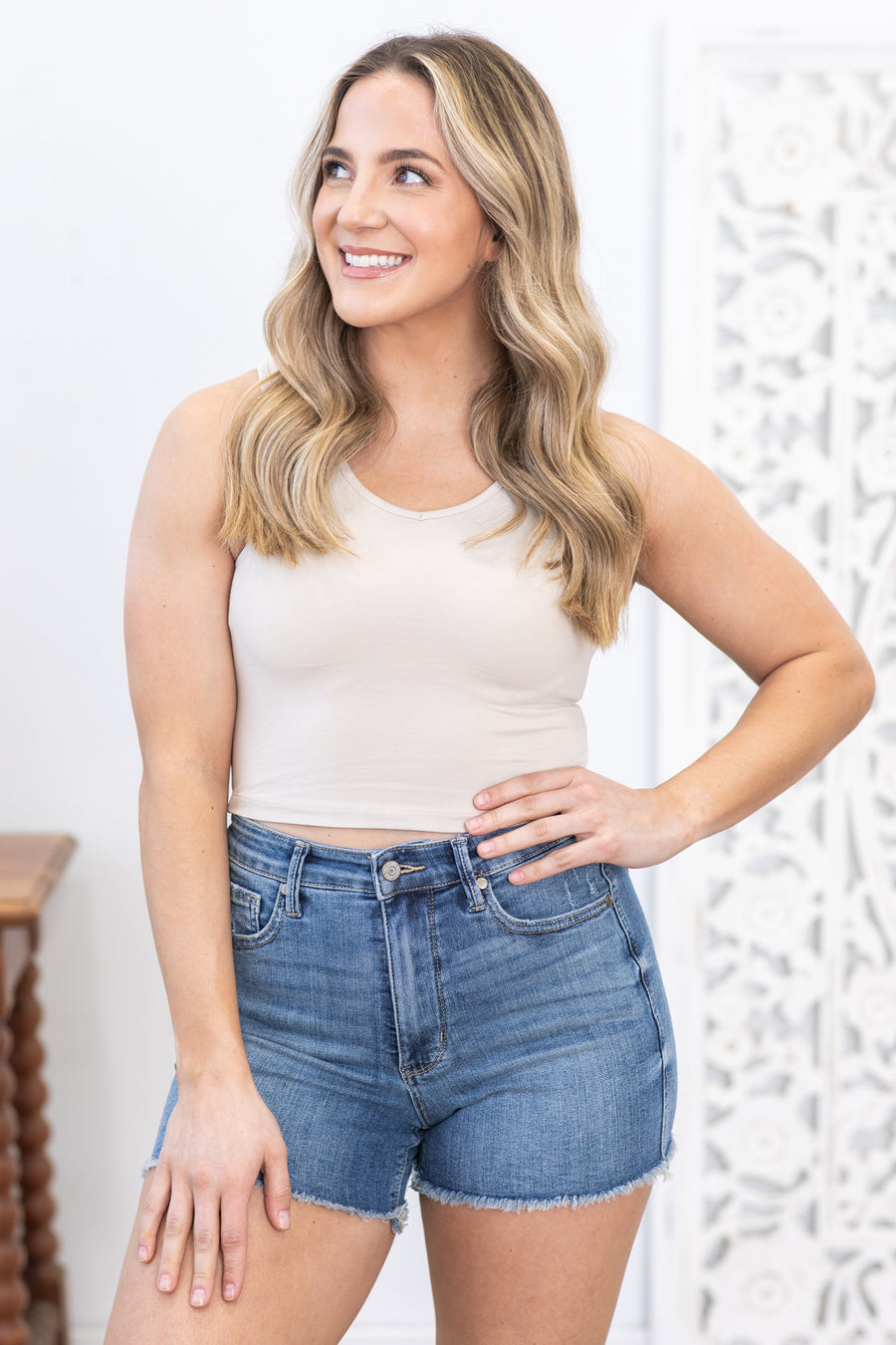 Beige Cotton V-Neck Cropped Cami Top