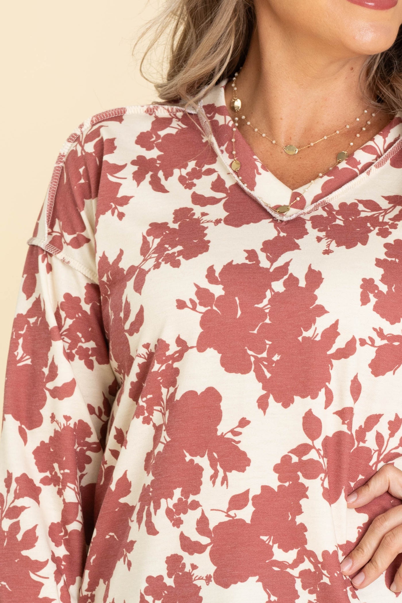 Cream And Rust Floral V-Neck Knit Top