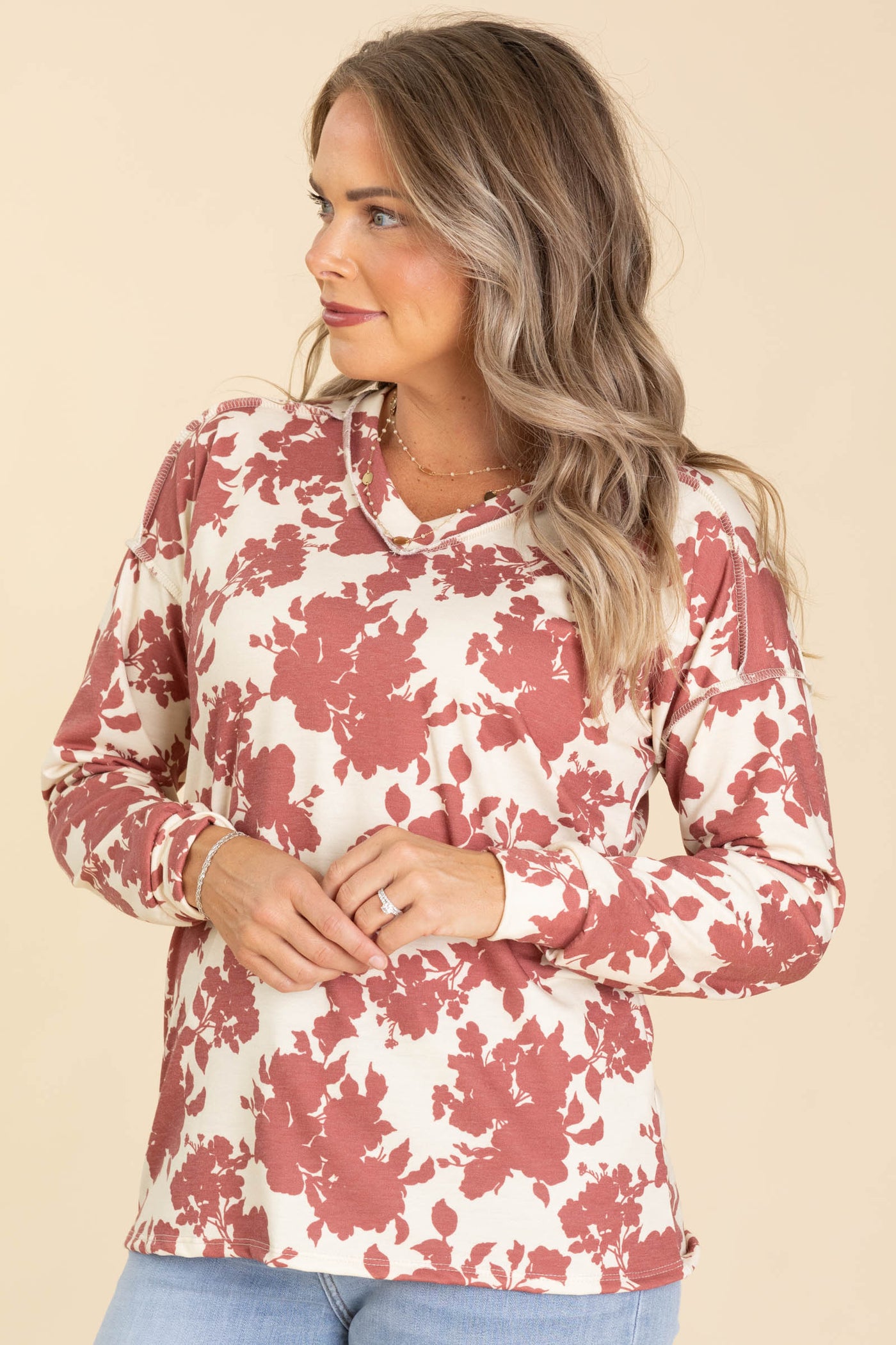 Cream And Rust Floral V-Neck Knit Top