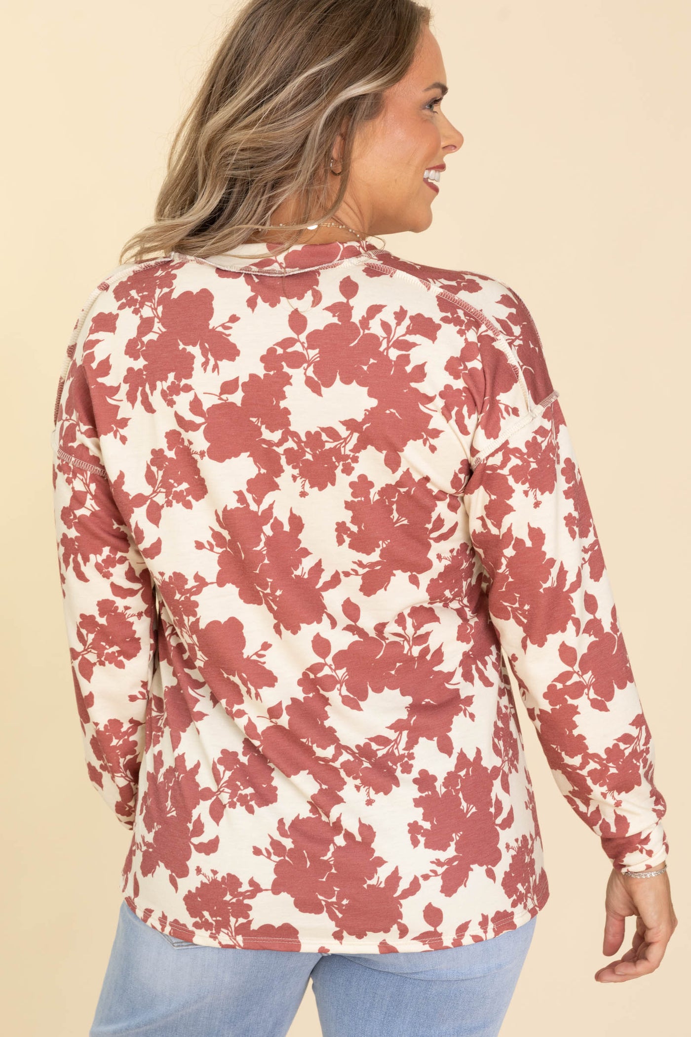 Cream And Rust Floral V-Neck Knit Top