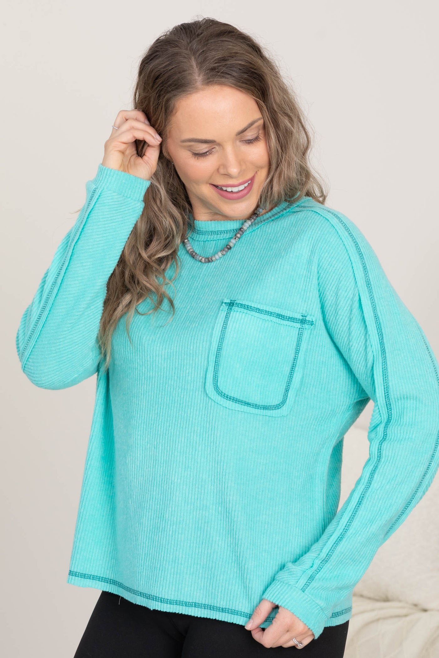 Brushed Ribbed Hacci Round Neck Knit Tops