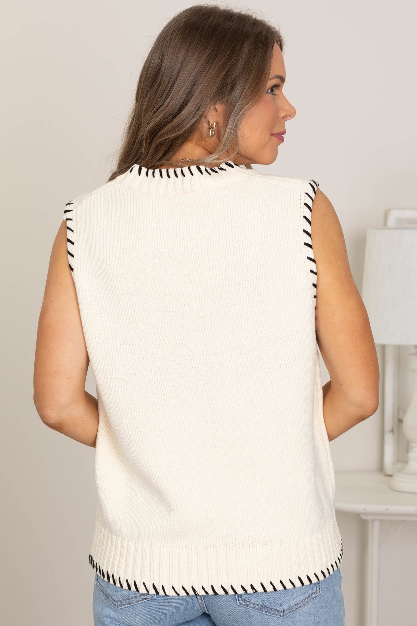 Ivory Sleeveless Trim Detail Knitted Top
