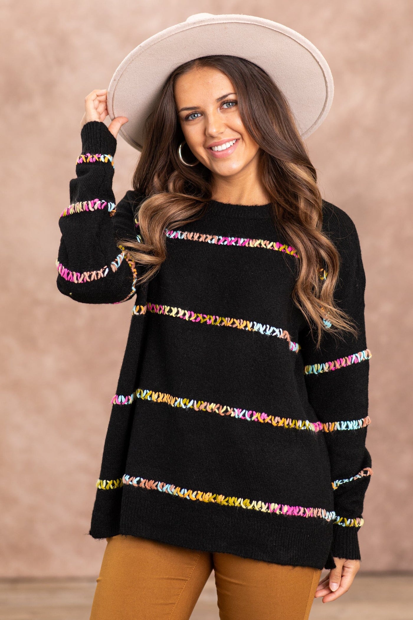Black Sweater With Multicolor Stitch Detail - Filly Flair