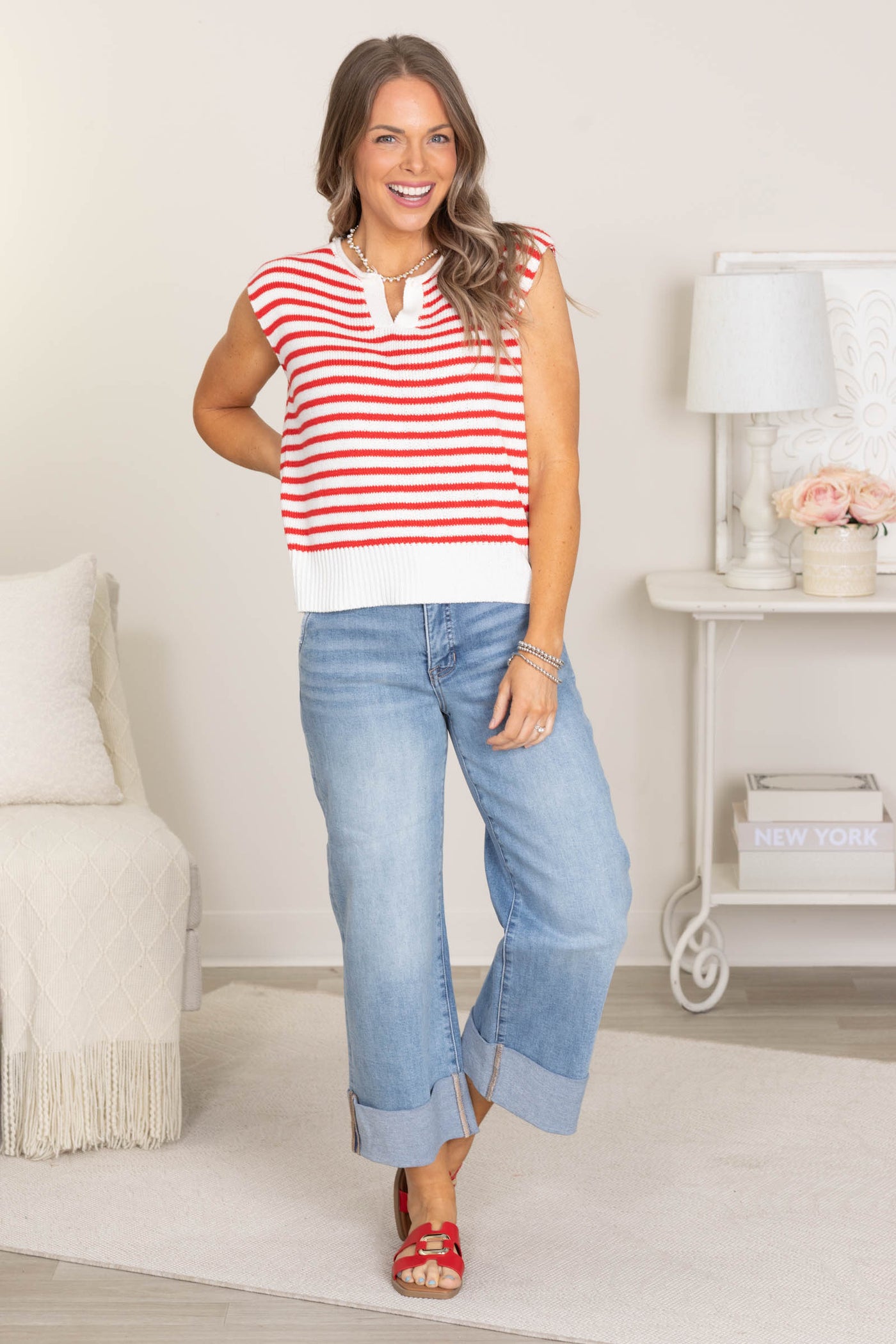 Ivory And Red Cap Sleeve Stripe Sweater Top