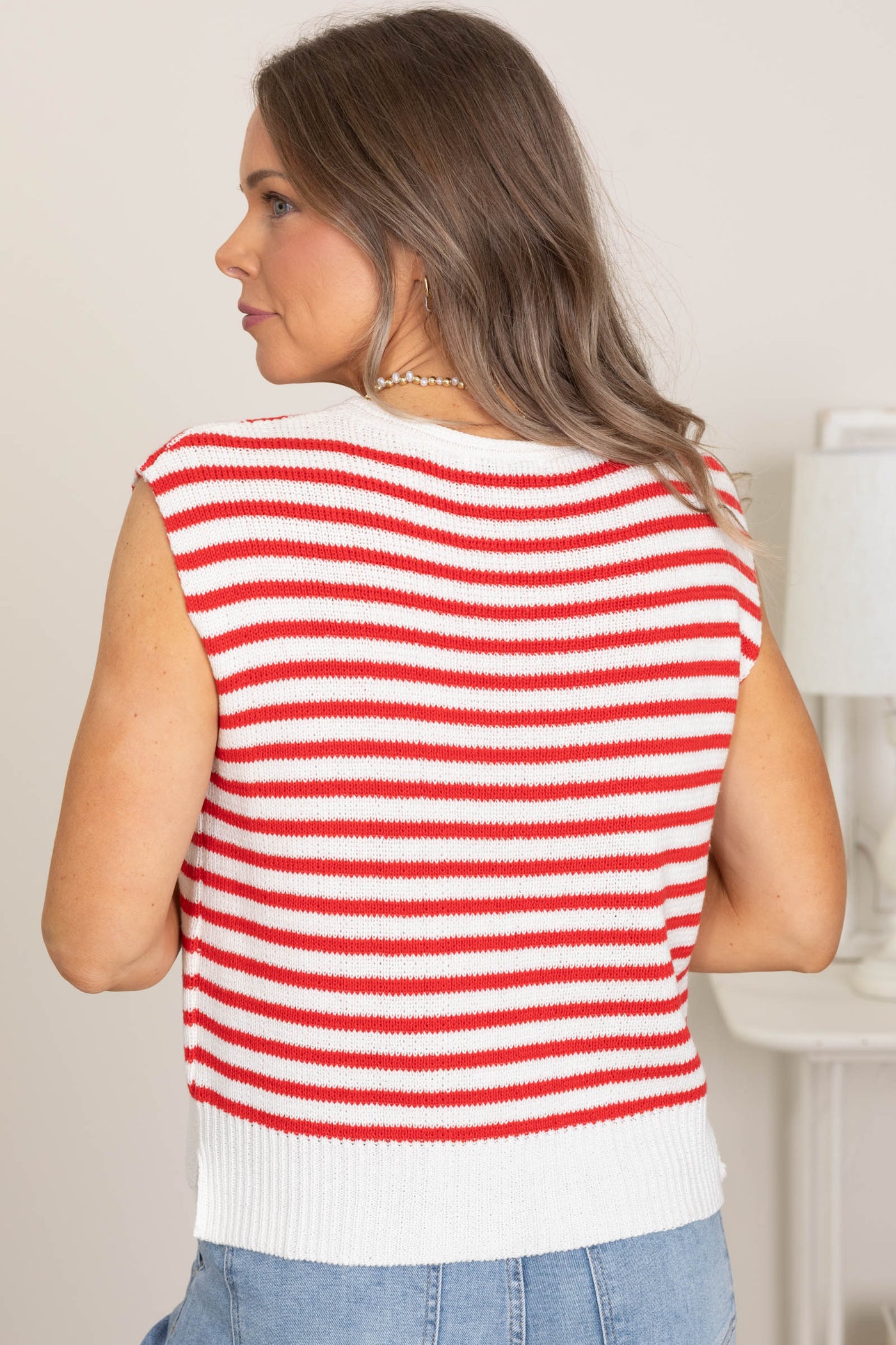 Ivory And Red Cap Sleeve Stripe Sweater Top