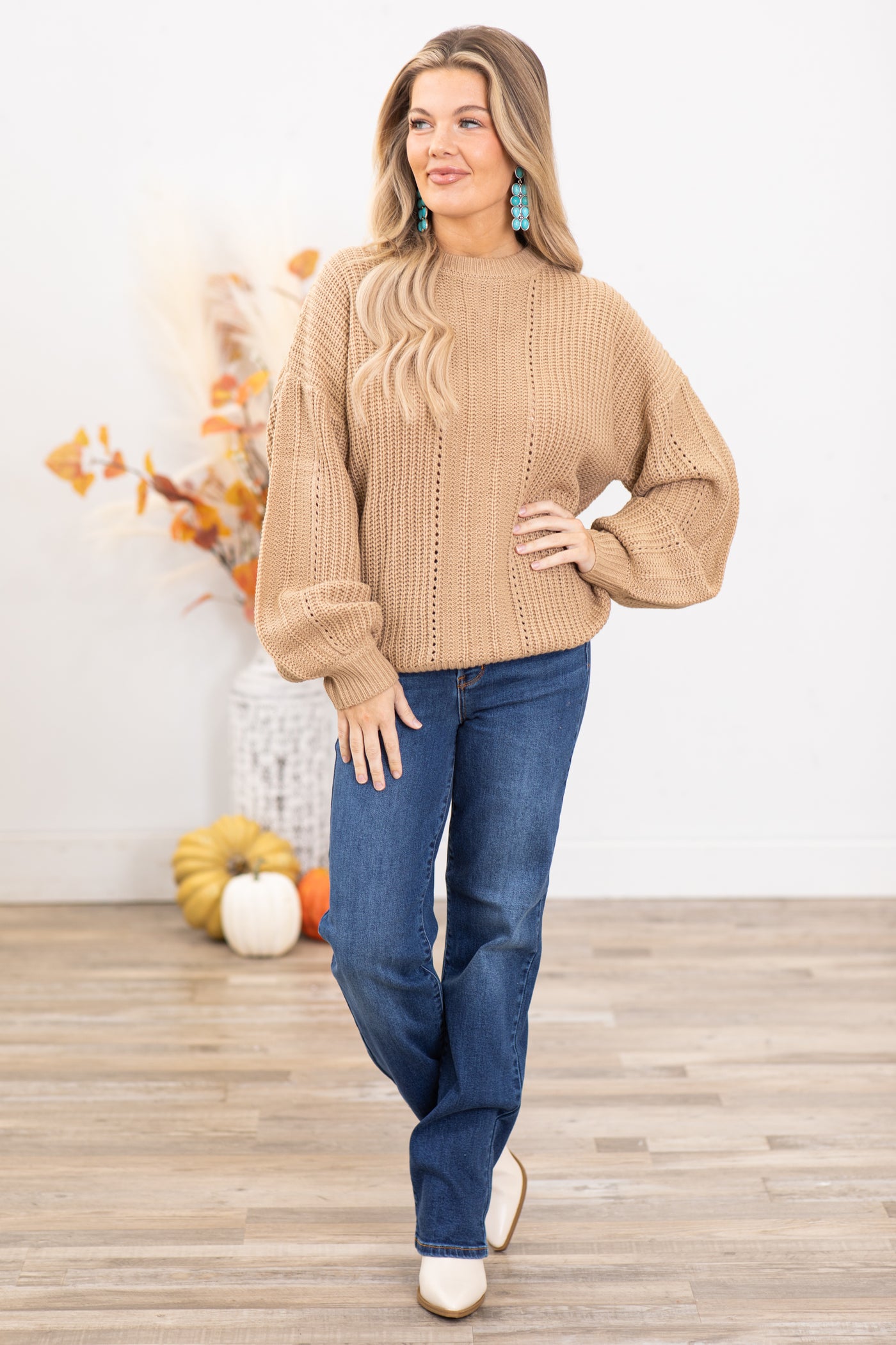 Tan Ribbed Sweater With Fishnet Detail