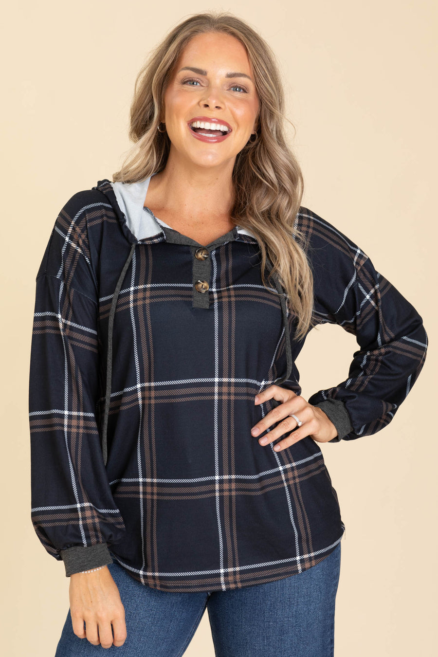 Black Plaid Drawstring Hoodie Knit Top