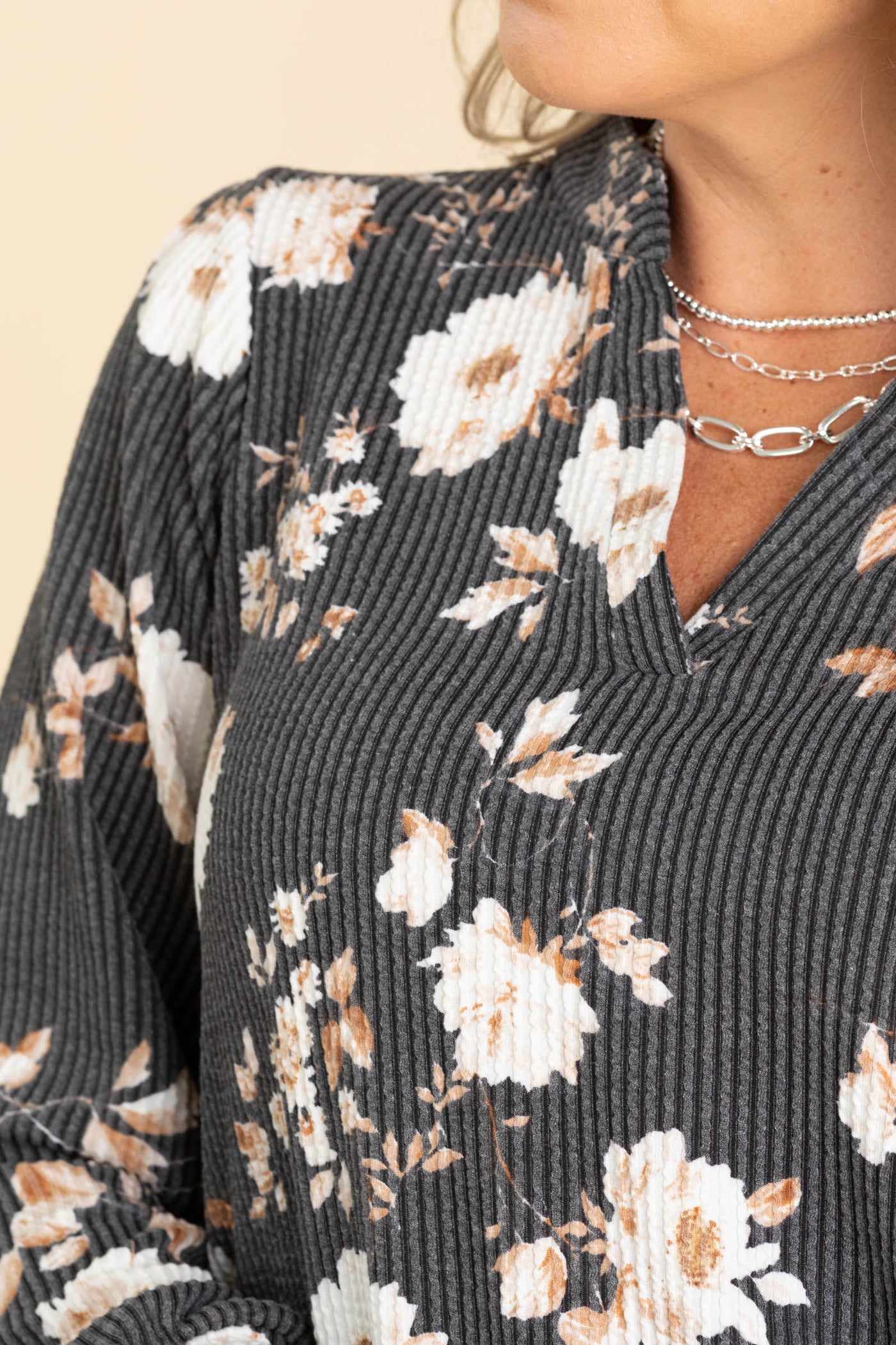 Charcoal V-Neck Floral Rib Long Sleeve Knit Top