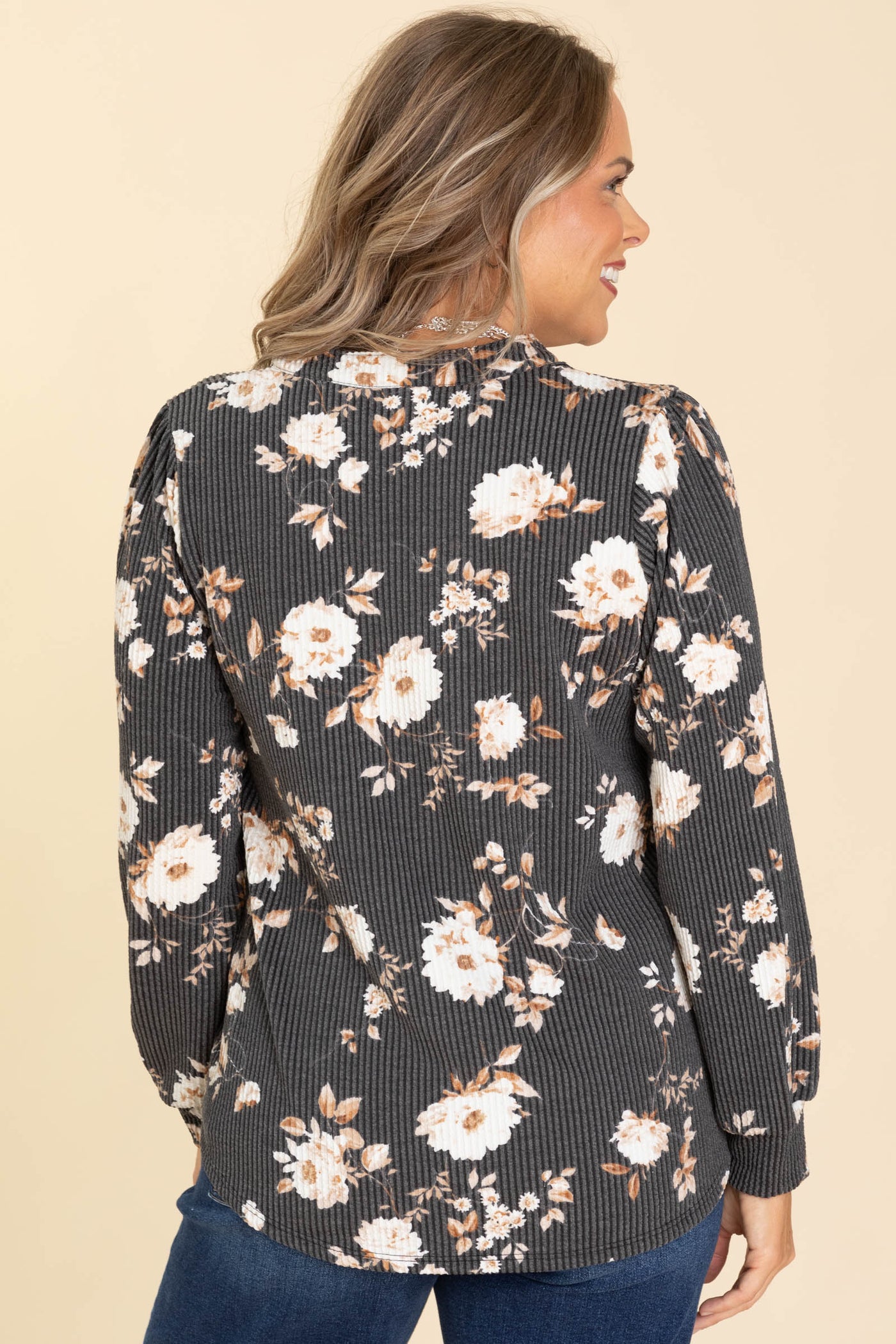 Charcoal V-Neck Floral Rib Long Sleeve Knit Top
