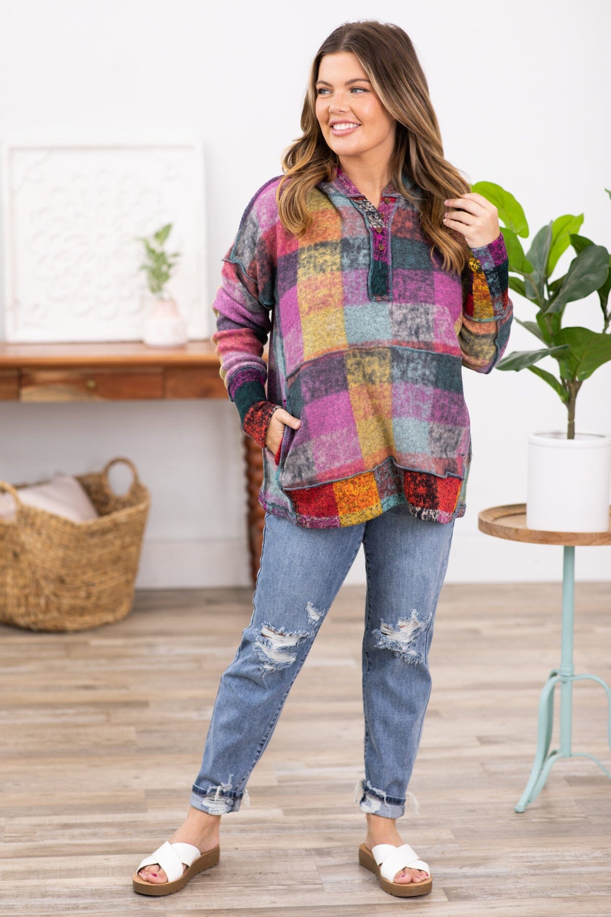 Orchid Multicolor Abstract Plaid Pullover - Filly Flair