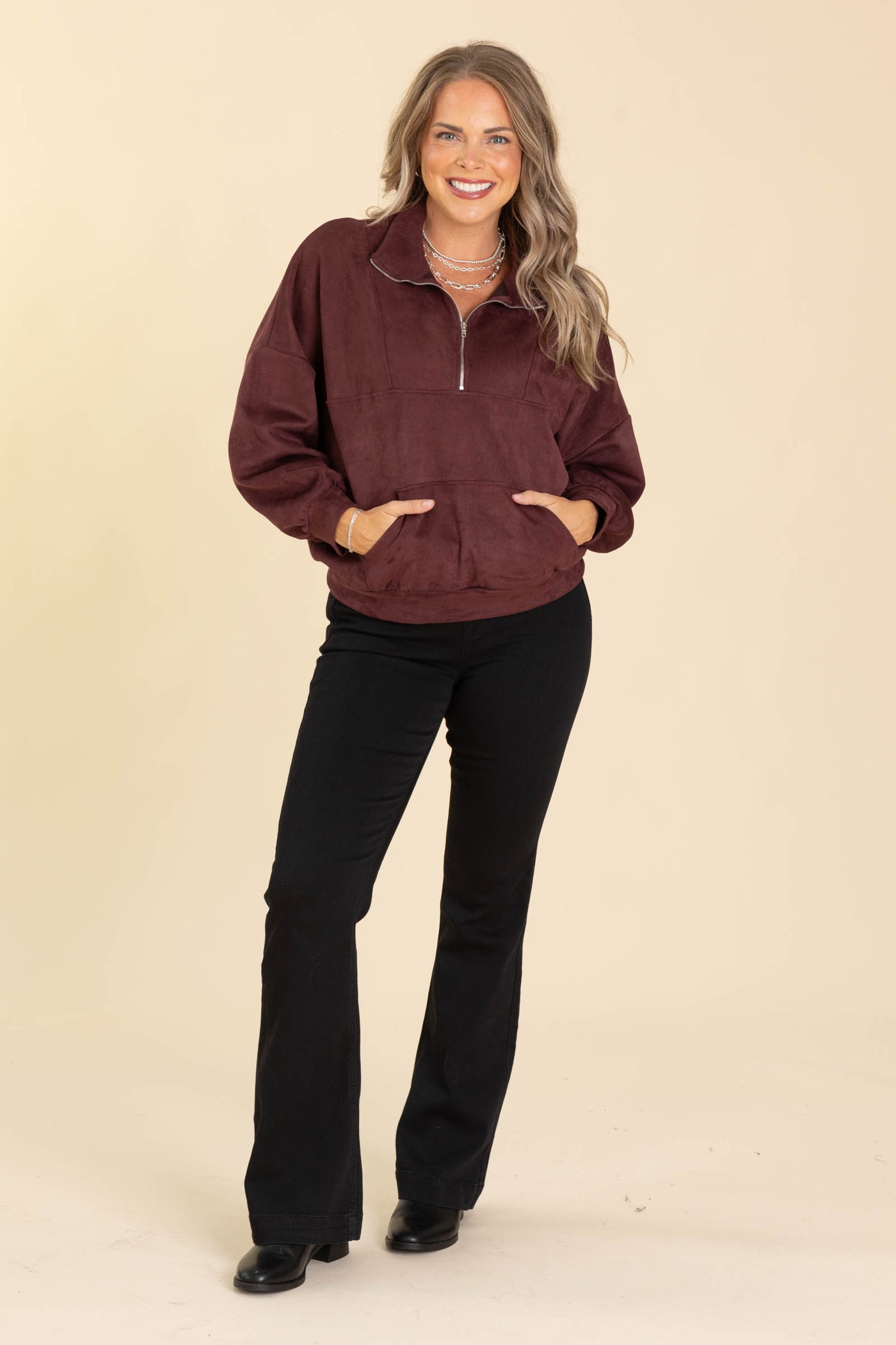 Maroon Suede Half Zip Pullover Knit Sweatshirt