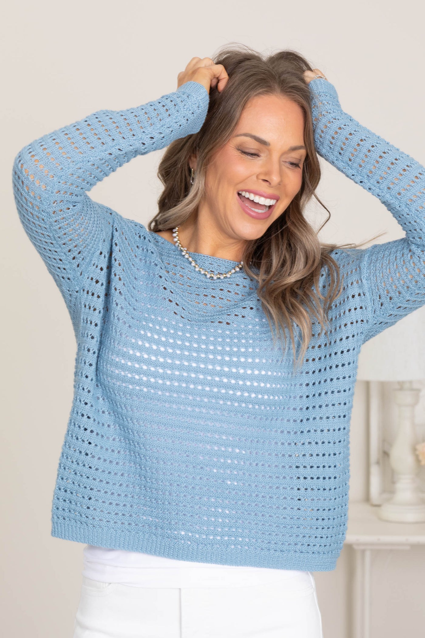 Light Dusty Blue Fish Net Pullover Knit Top