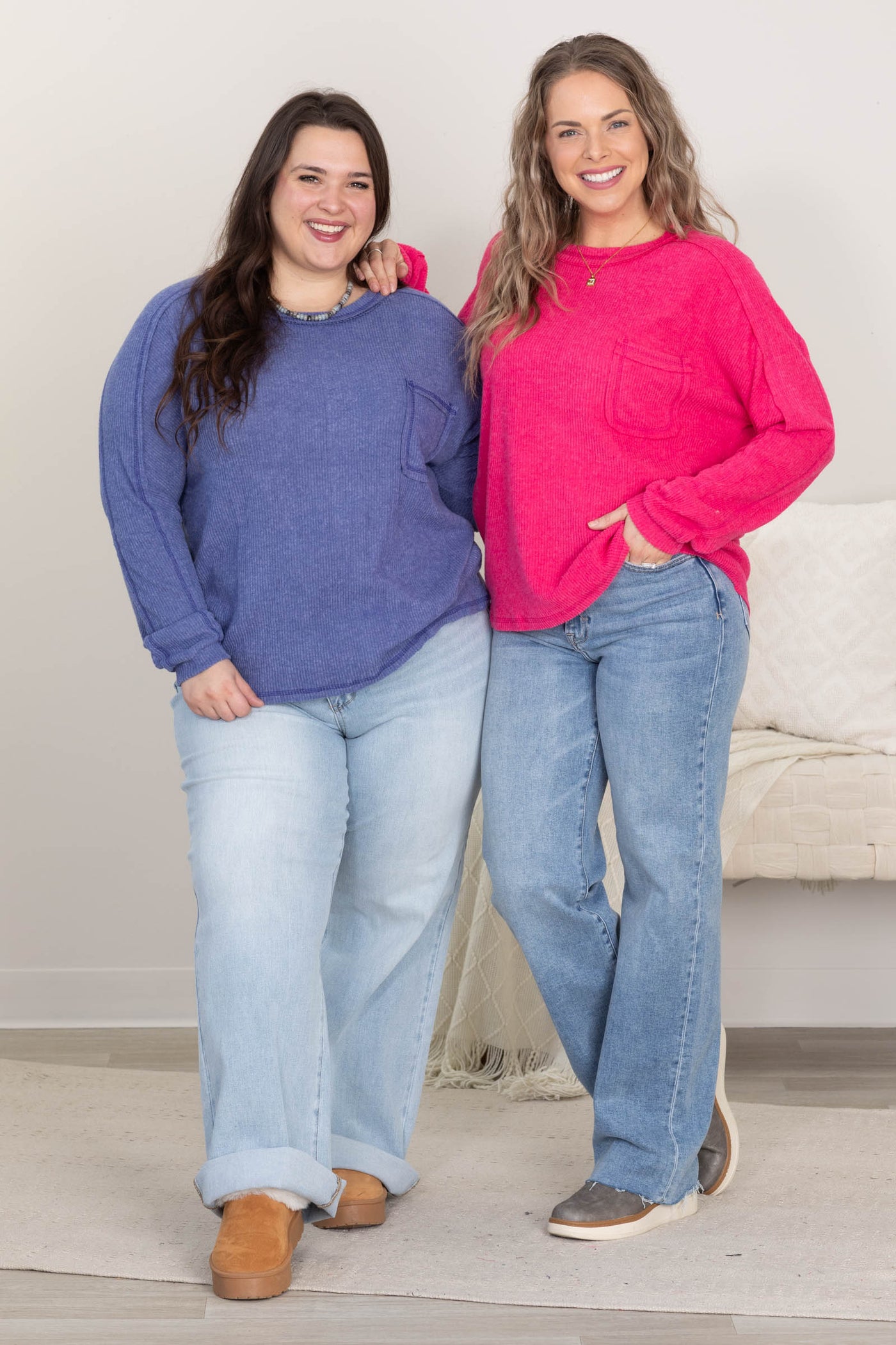 Brushed Ribbed Hacci Round Neck Knit Tops