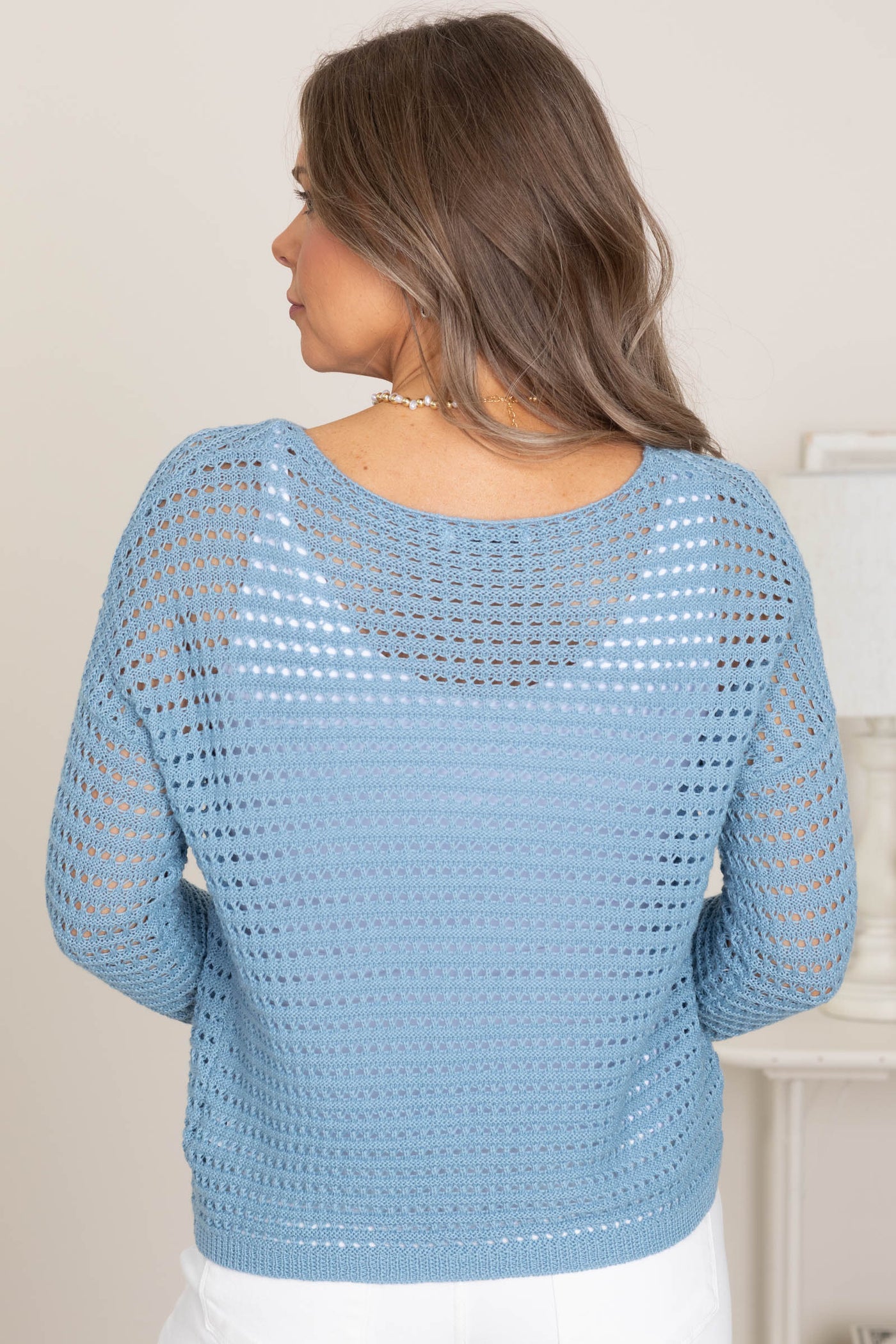 Light Dusty Blue Fish Net Pullover Knit Top