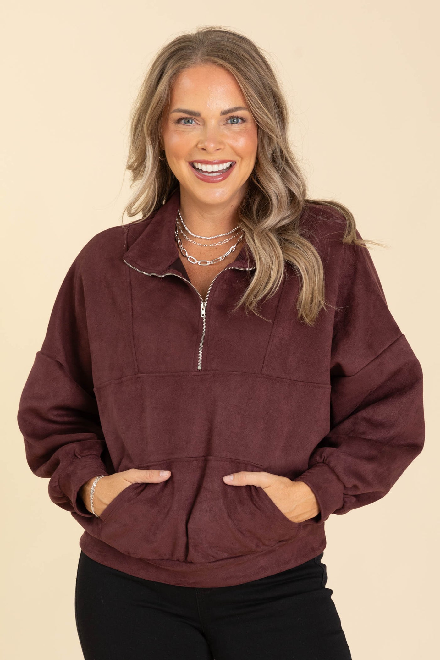 Maroon Suede Half Zip Pullover Knit Sweatshirt