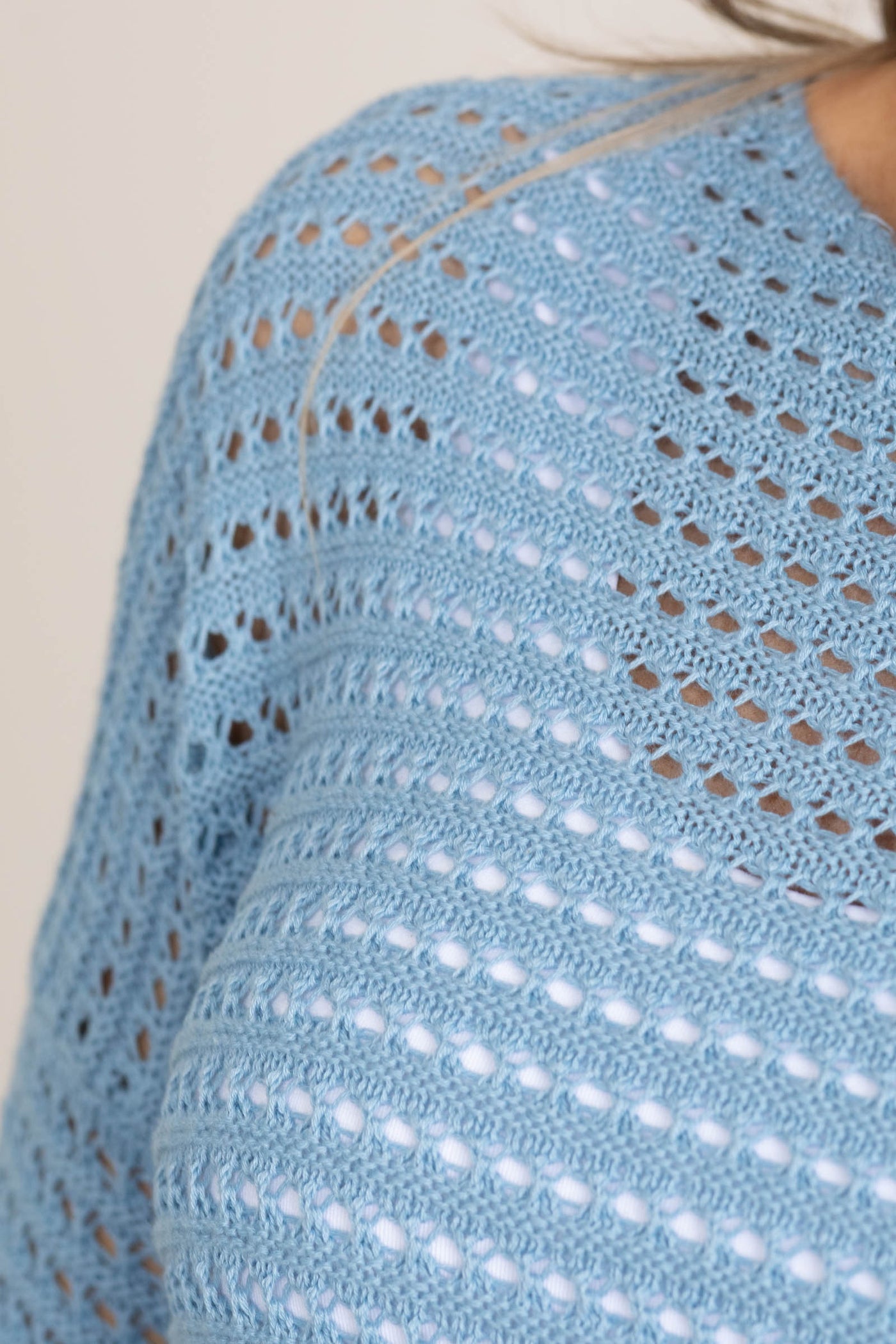Light Dusty Blue Fish Net Pullover Knit Top
