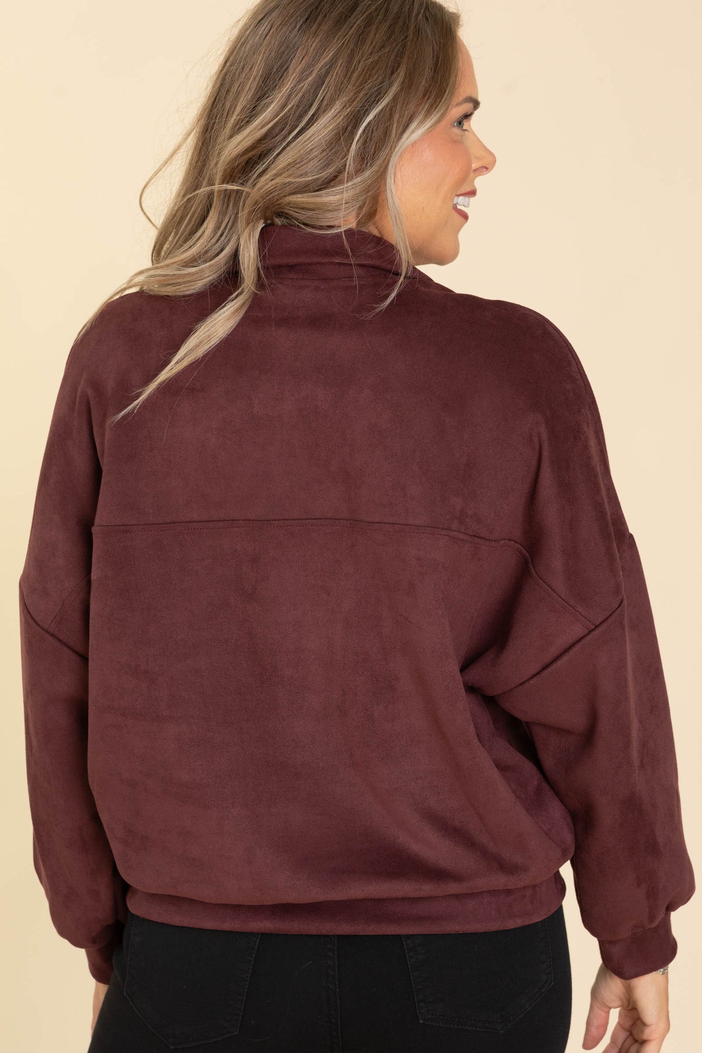 Maroon Suede Half Zip Pullover Knit Sweatshirt