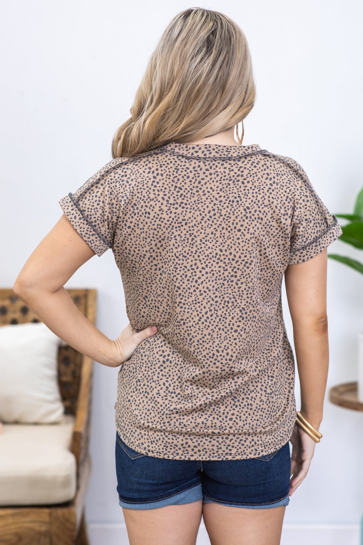 Tan Animal Print Short Sleeve Knit Top