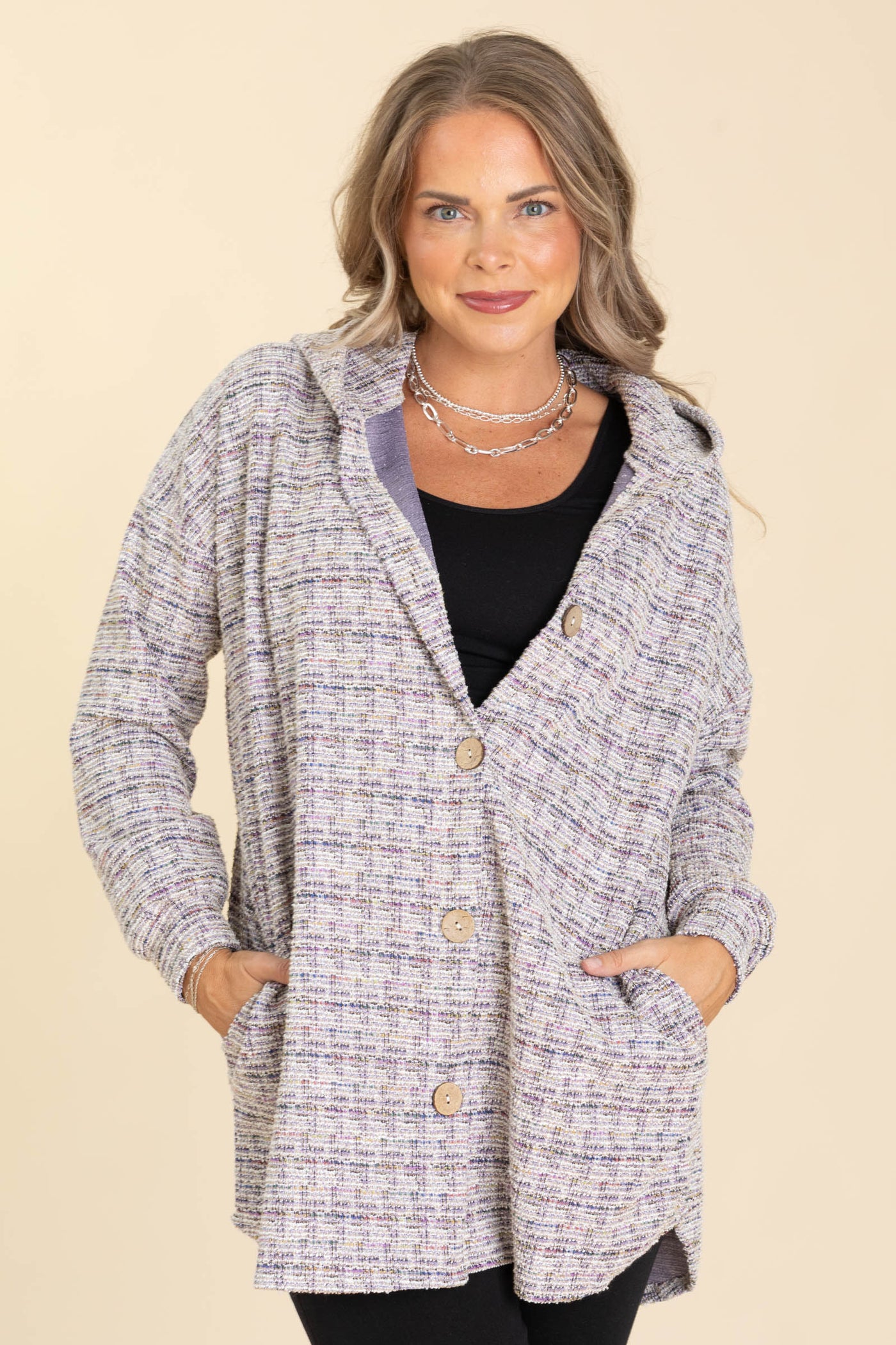 Lavender Boucle Hoodie Button Jacket