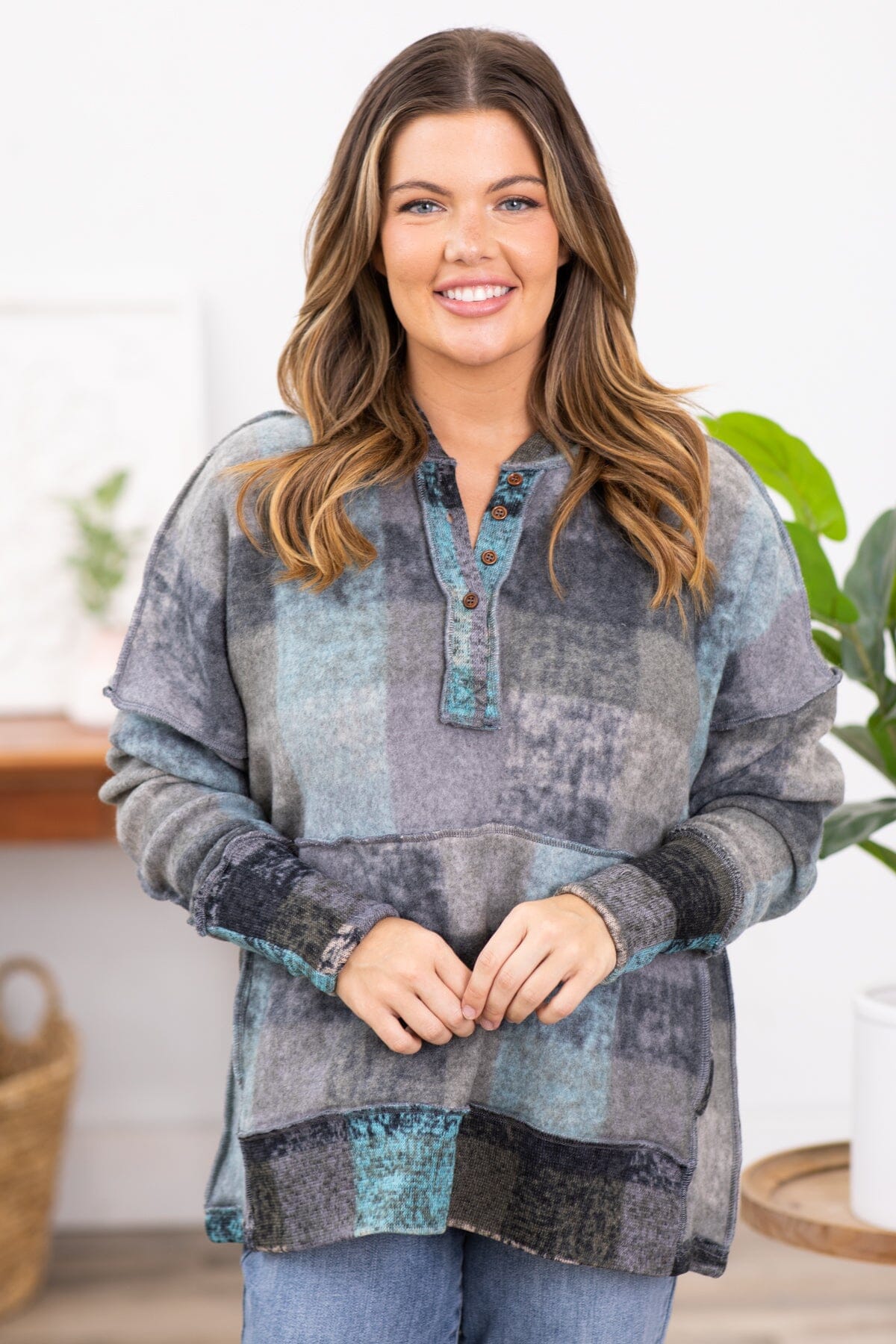 Grey Multicolor Abstract Plaid Pullover - Filly Flair