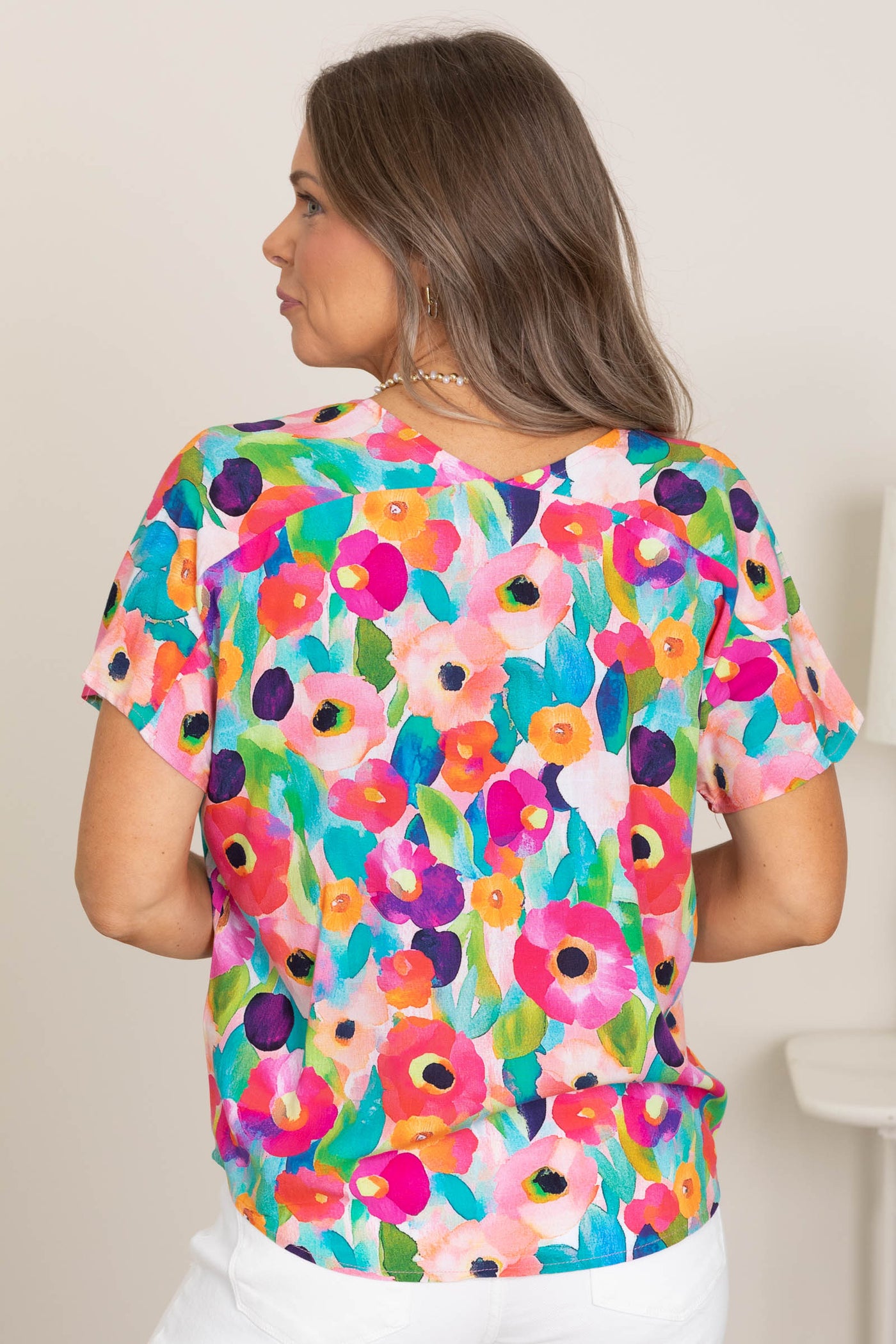 Pink And Peach Floral Relaxed V-Neck Woven Top