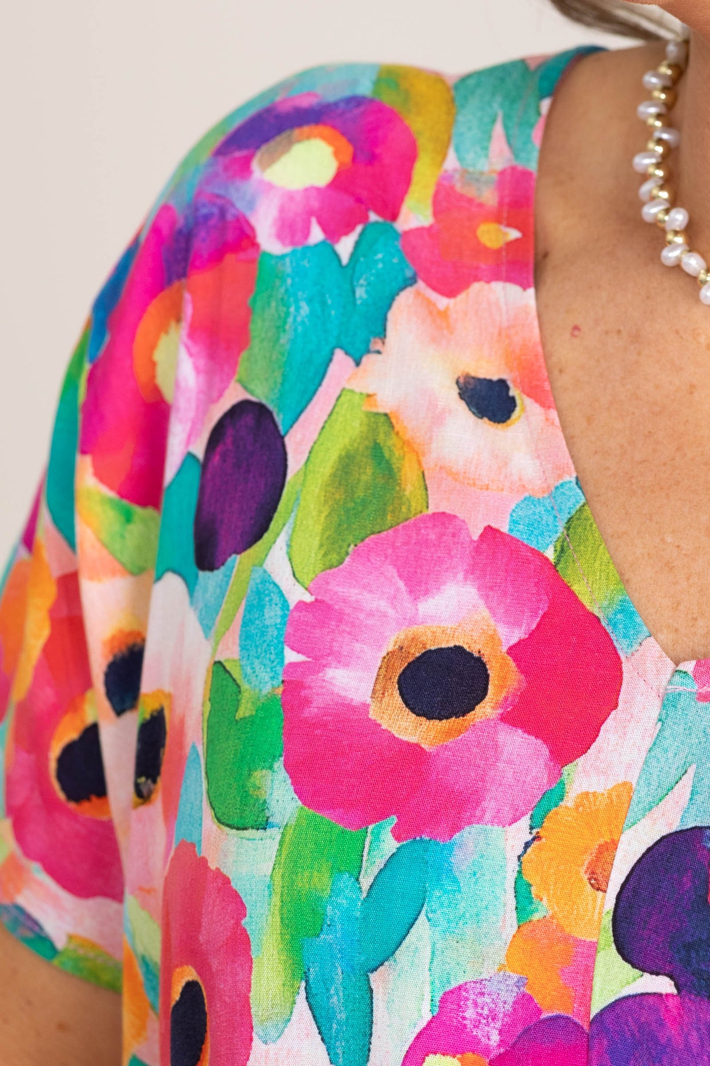 Pink And Peach Floral Relaxed V-Neck Woven Top