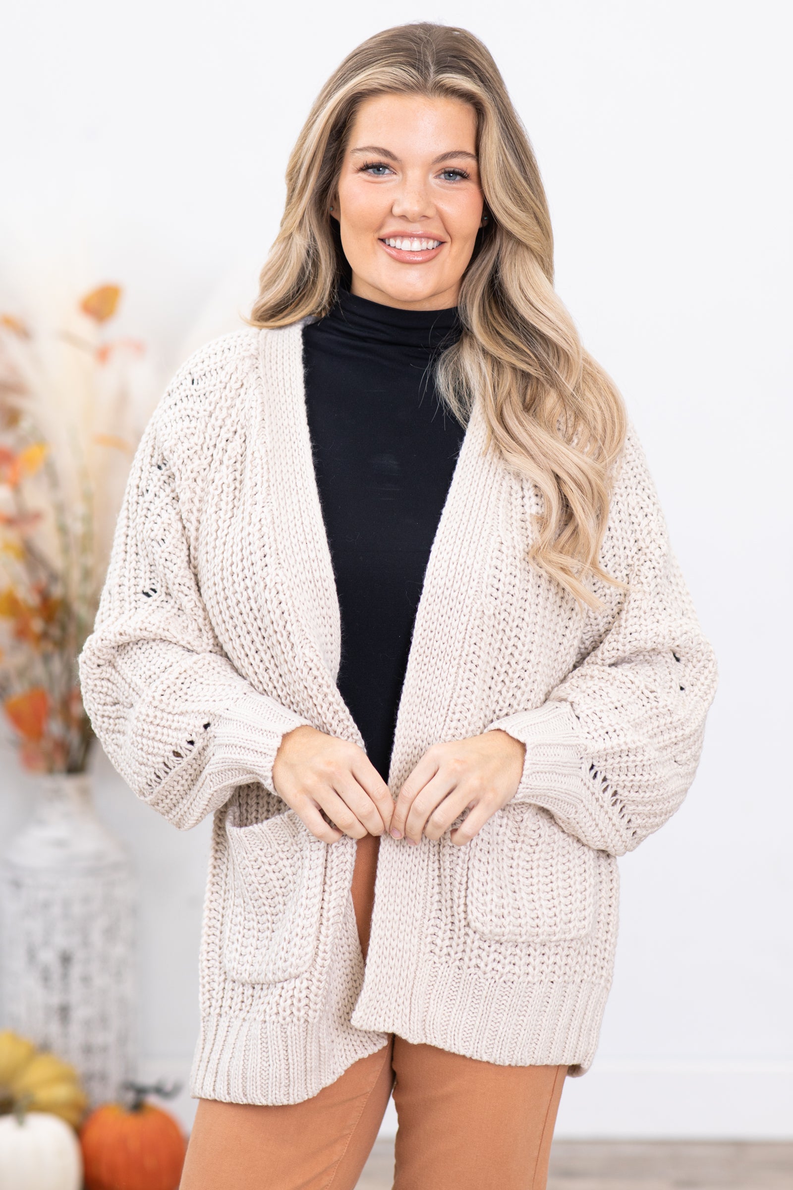 Beige Chunky Knit Cardigan With Pockets