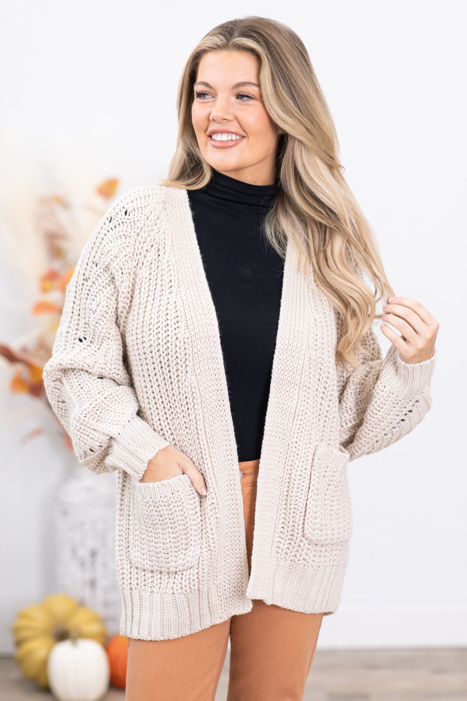 Beige Chunky Knit Cardigan With Pockets